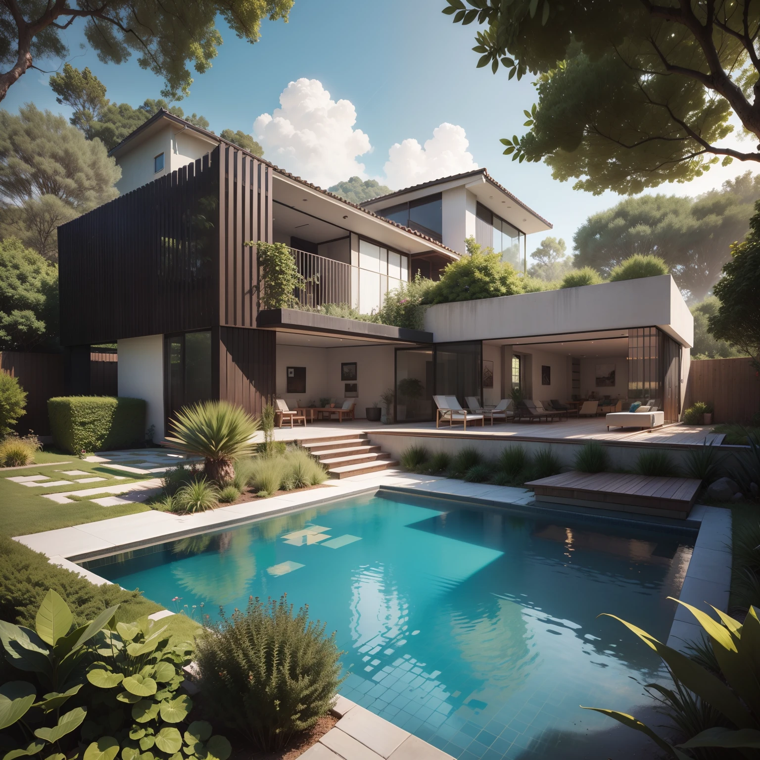 Organic modern architecture on a large plot of land out of sight, Terreno bastante grande, terreno paisagem, pradaria com arvores , There is a swimming pool in the middle of a large one-story house, cor da casa em vigas marrom chocolate e preto, large modern residence, telhados planos e jardim, render luxcore, renderizar oktane, a photorealistic rendering, architectural render, mantra rendering, architectural render, realism rendering, architectural visualisation, piscina de bem-estar, architectural visualisation, Large green areas, com pequenas zonas de flores de lavanda, arbustos verdes tipo exuberante jardim verde, as well as small water mirrors, swimming pool embedded in an area of sand, oliveiras e pinheiros ao redor da casa, 8k ultra-realista, muito detalhe
