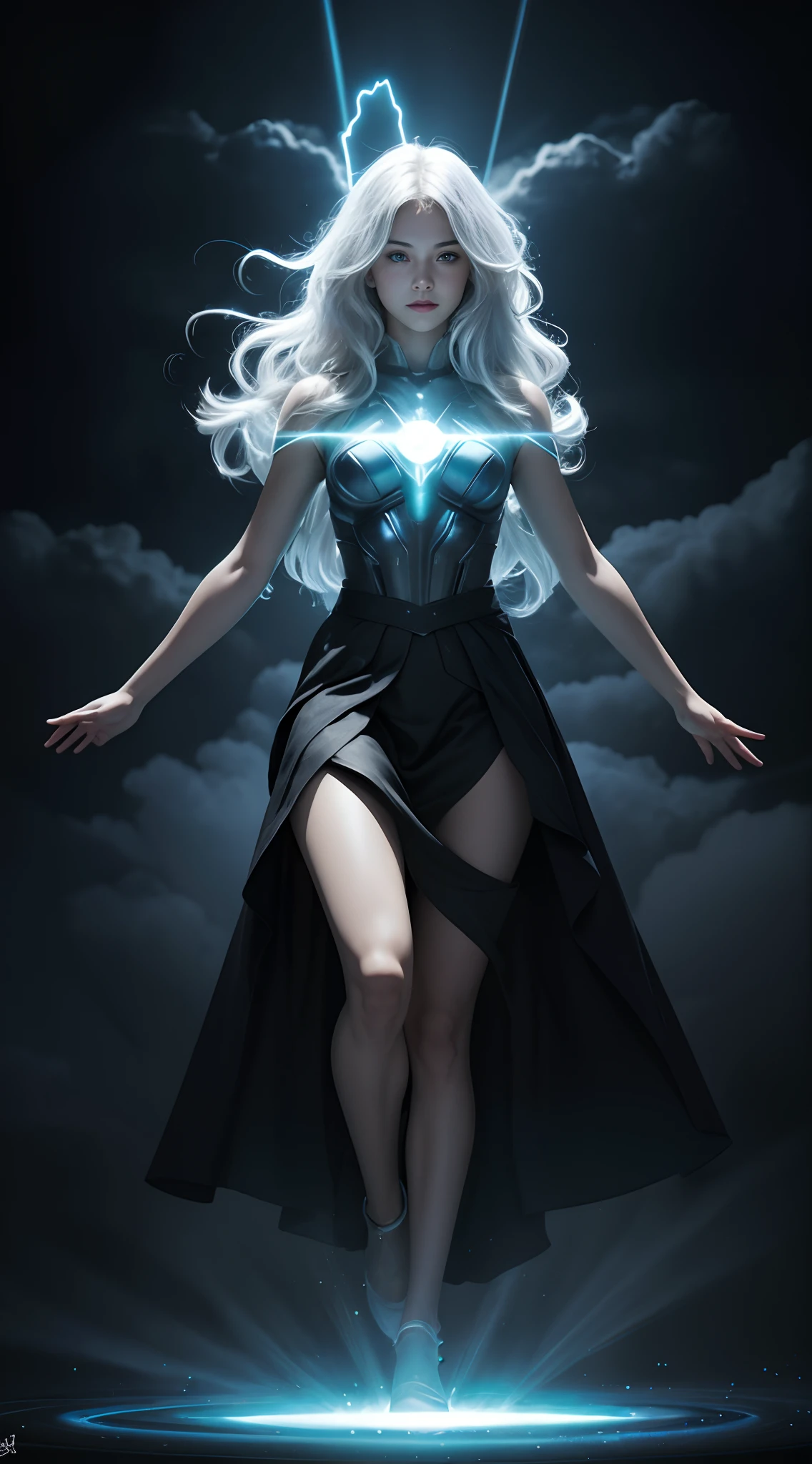 hair glowing,metahuman,levitating,Cloud,pleatedskirt,There are glowing marks on the body,There are glowing marks on the body