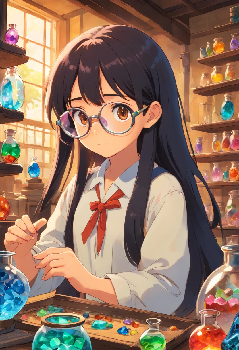 Alafeld girl black long hair,brown eyes and goggles is looking at gemstone, embedded gemstones, eye-catching, kids playing archaeology, colorful mold, looks cool, doing experiments in her science lab, working in her science lab, product introduction photos, carvings, colorful slime, made of colorful crystals, advertising photos, crafts, having fun, process art, long picture, 9:16
Preparing