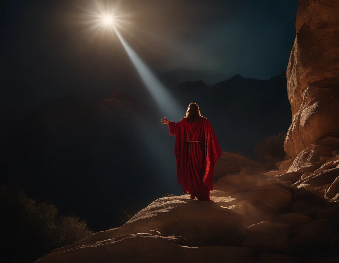 Christ climbs the mountain with Satan, extremely detailed, cinematic volumetric lighting