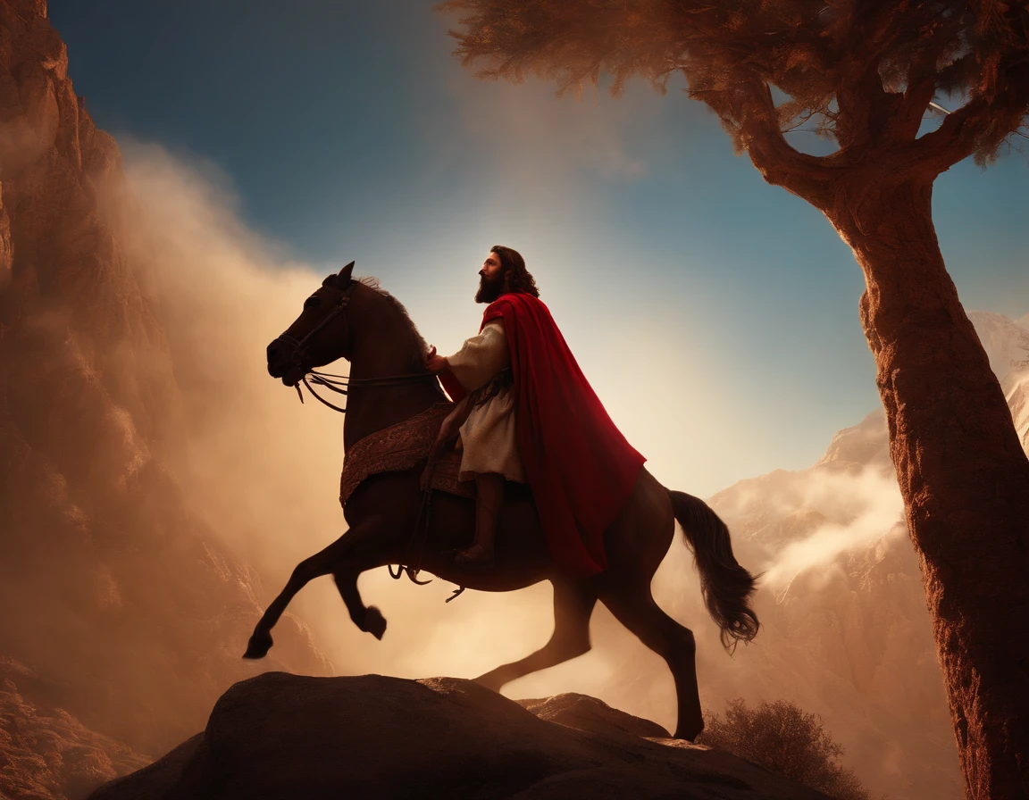 Christ climbs the mountain with Satan, extremely detailed, cinematic volumetric lighting