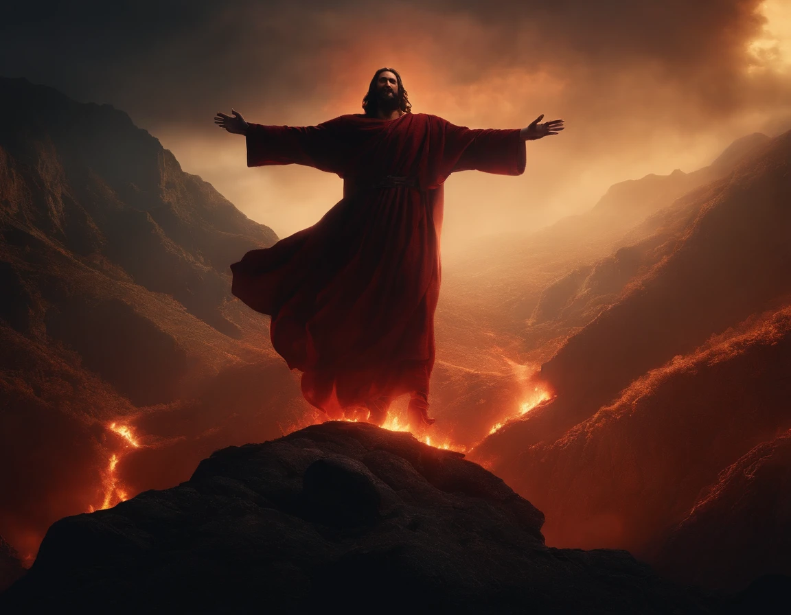 Christ climbs the mountain with Satan, extremely detailed, cinematic volumetric lighting