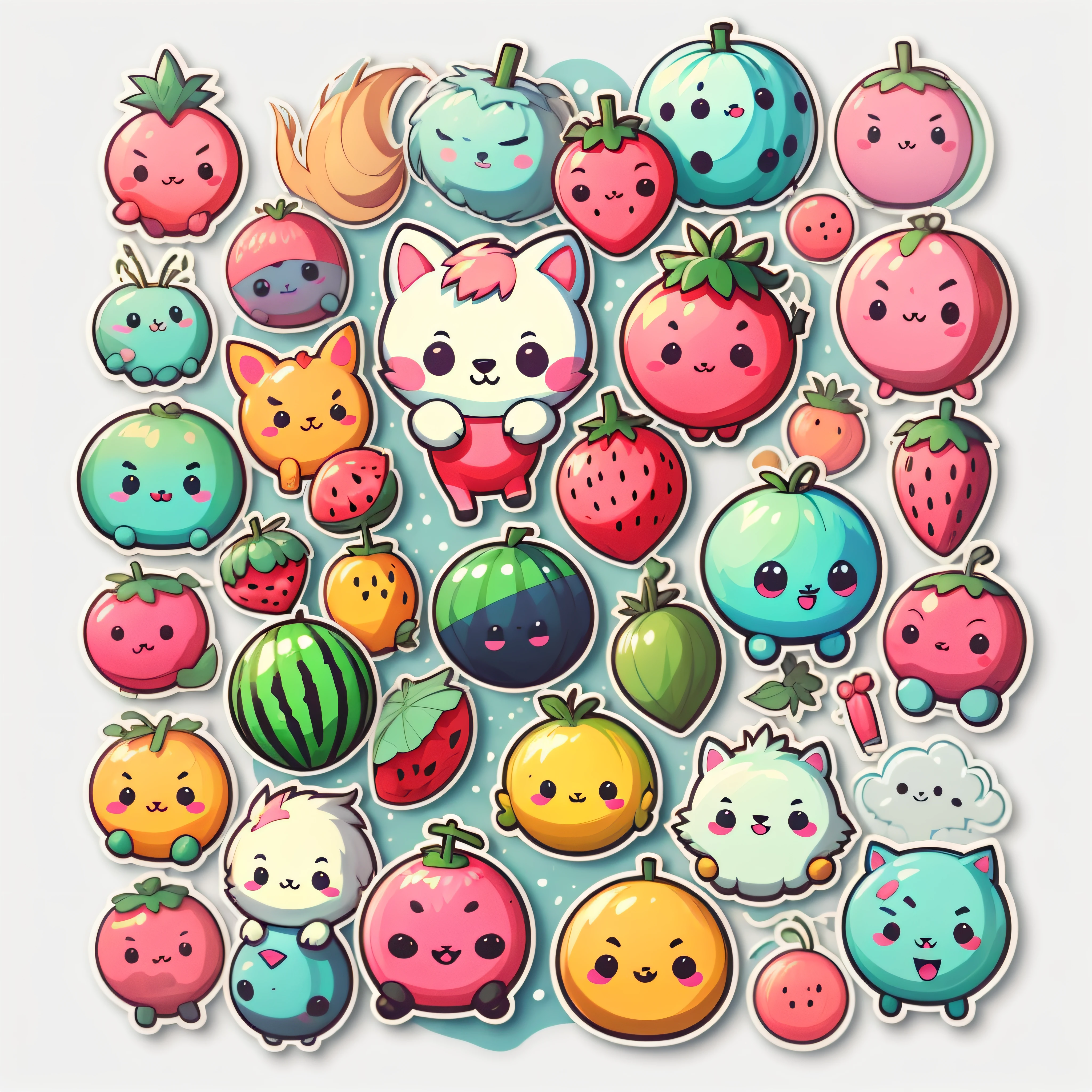 Individual stickers, 1sticker, (water melon), white backgrounid, nothing background, simple backgound, dk, adolable, pastel colour, vectorstyle, no gradien,Refinement。Various fruits,All kinds of cute animals