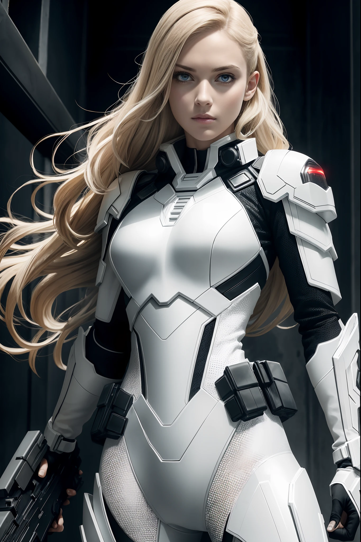 1girl, Full body, the White Widow (from marvel studios), white tactical leather battle suit, gun, blonde hair, medium breasts, show cleavage, dynamic pose, (masterpiece, best quality, detailed skin texture, beautiful detailed face, intricate details, ultra detailed), dynamic pose, (Best quality, A high resolution, Photorealistic, 8K,Masterpiece, ),Best quality, Masterpiece HDR