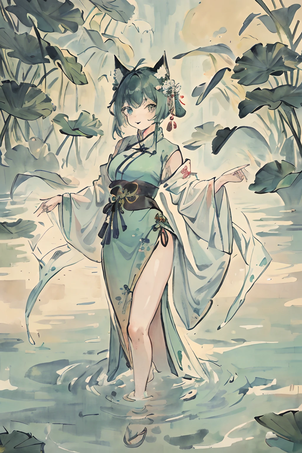 ((4k,masterpiece,best quality)), shuimobysim, traditional chinese ink painting, lotus, hanfu, maxiskit, dress conservatively 1girl, cat ears, green eyes, turquoise hairs, thighs, solo, short mint hair, smile, standing, feet in the water, barefoot,
