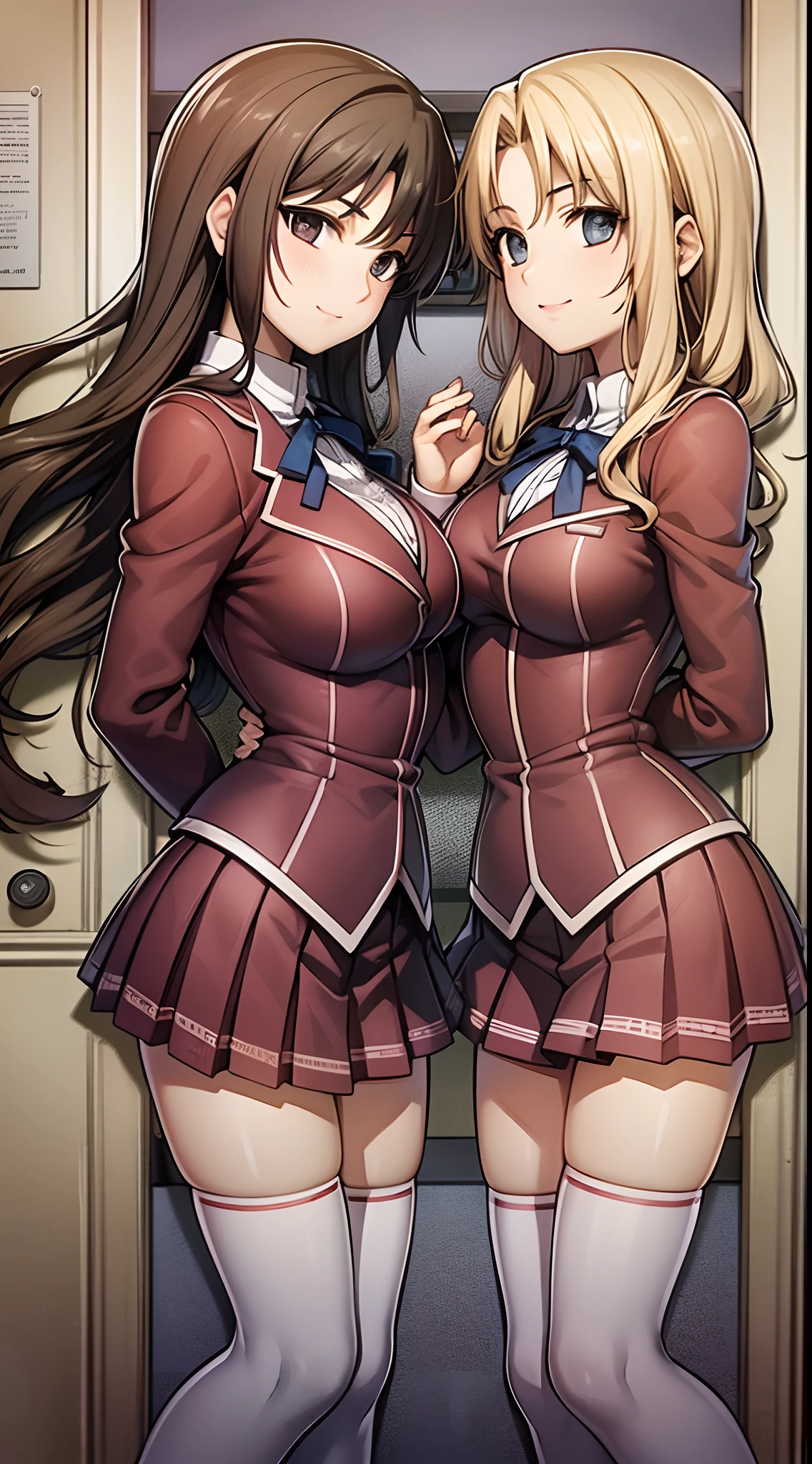 Masterpiece, high quality, 2girls, duo, identical twins, identical sisters, brown hair, blonde hair, curly hair, matching hairstyles, hazel eyes, medium sized bust, (school uniform, sexy school uniform, blazer, lace section, ribbon, short skirt, white thigh-high socks, black low heels, matching outfits), smile, flat_color, full body, seductive pose, duo pose