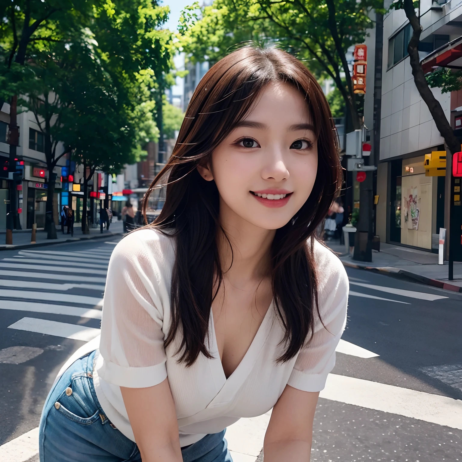 masutepiece, Best Quality, Illustration, Ultra-detailed, finely detail, hight resolution, 8K Wallpaper, Perfect dynamic composition, Beautiful detailed eyes, doress,Medium Hair, Natural Color Lip, Random and sexy poses,Smile,Aoyama Street Walk、26-year-old girl