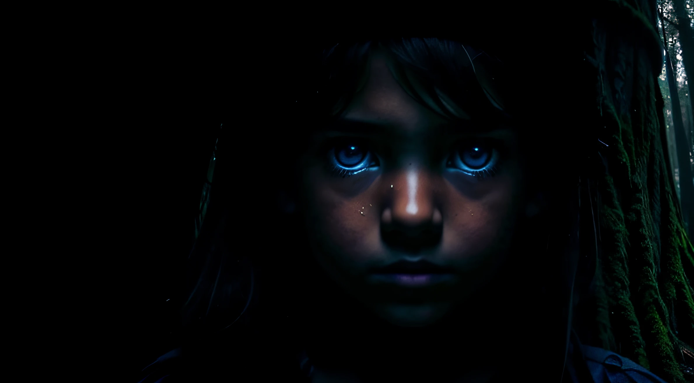 Portrait of a child lost in a forest, con mirada triste, ojos azules, arboles gigante, dramatic illumination, Lata Resolution,