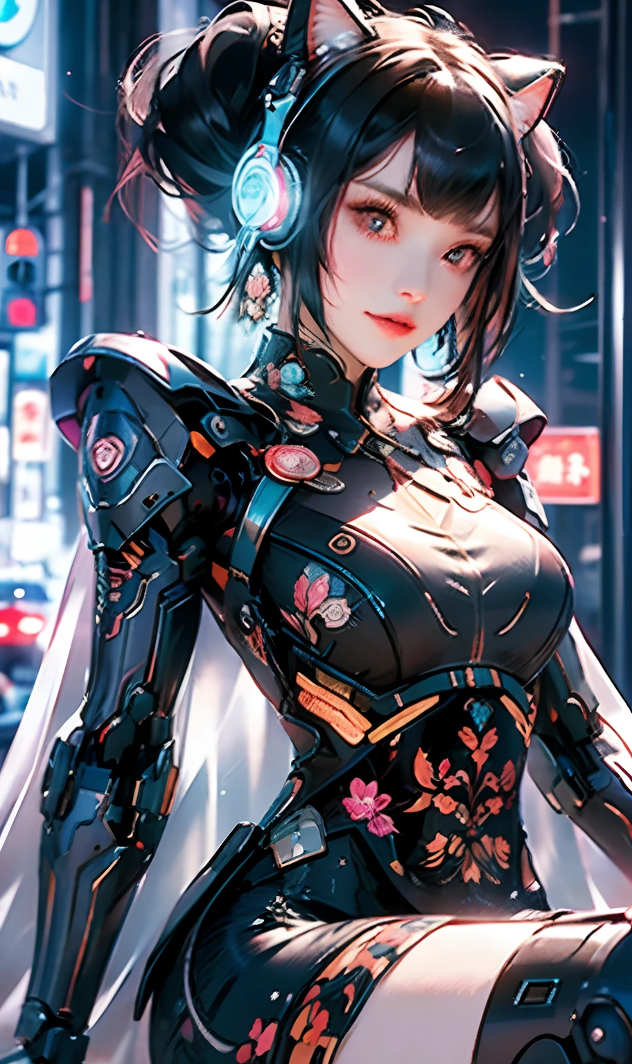1 girl, Chinese_clothes, metallic black titanium and pink, cyberhan, cheongsam, cyberpunk city, dynamic pose, detailed luminescent headphones, luminous mint hair accessories, short hair, luminous earrings, glowing necklace, cyberpunk, high-tech city, full of mechanical and futuristic elements, futuristic, technology, glowing neon, pink, pink light, sexy skirt, translucent black cape, laser light, digital background urban sky, big moon, with vehicle, best quality, masterpiece, 8K, Character edge light, super high detail, high quality, the most beautiful woman in human beings, smile, face facing front and left and right symmetry, ear decoration, long antenna glow, beautiful green pupils, light effects, visual data, turquoise-orange hair dyed hair, ultra-detailed face texture, happy, weapon system, crowded street passers-by, mecha style, overhead luminous antenna, back jet, girl sitting, mechanical cat ears