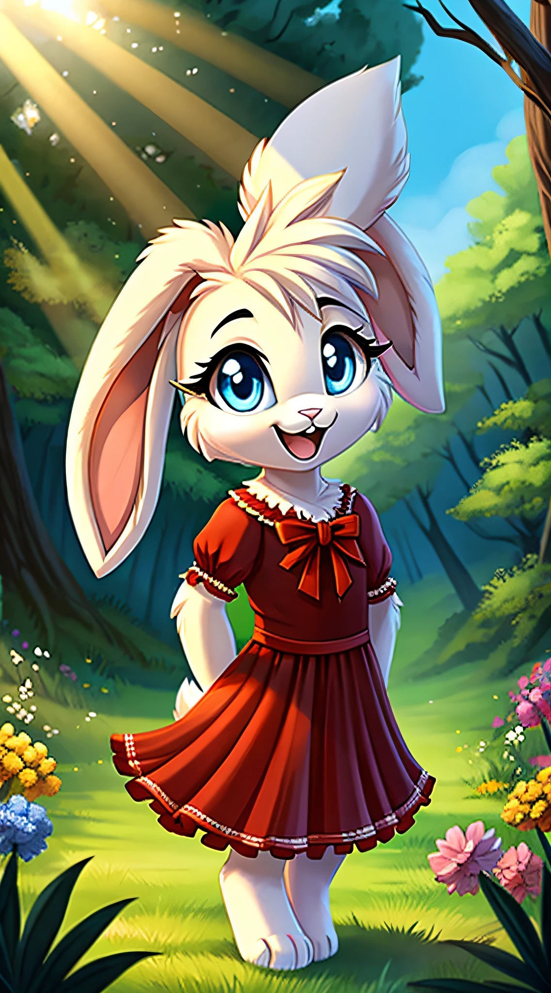 zoomed out image, fantasy style art, cute, adorable, short character, small, tiny little fluffy female white bunny with blue eyes, 4 ears, 2 extra ears, big floppy ears, long ears, ears perked up, raised ears, long eyelashes, poofy rabbit tail, wearing a red frilly ribbon dress, smiling, standing in a thick forest, big expressive smile, happy to see you, open mouth, wide eyes, excited face, stunning visuals, sunlight coming through the trees, digital illustration