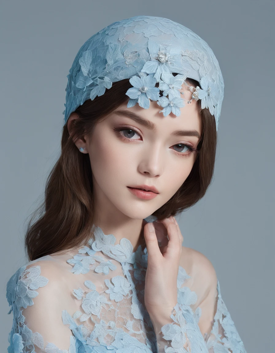 Pretty and very elegant girl wearing a talk cap decorated with sky blue lace flowers. Her entire face is covered with lace. She wears a loose-fitting sky blue lace cocktail dress that hangs over her shoulders. Her skin is very shiny. Her arms are folded. The background is beautiful black. The room is dimly lit.、She is gently illuminated.
Very shallow depth of field、the background is blurred. ((jewel))