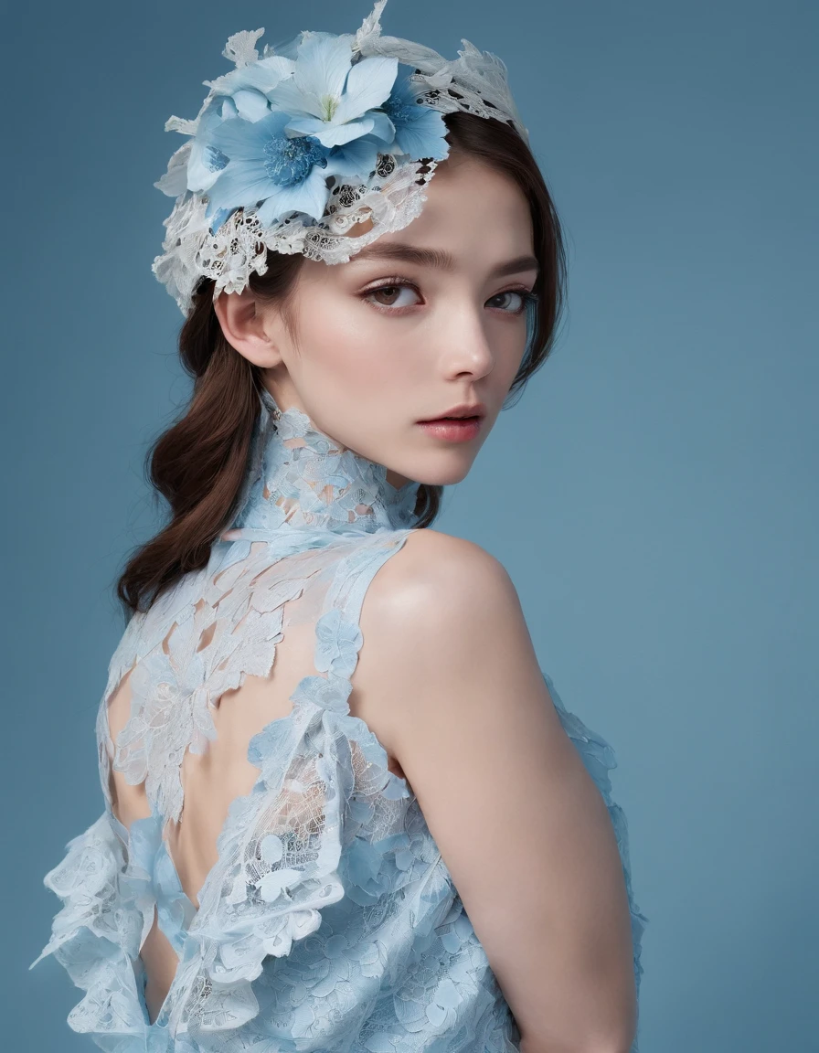Pretty and very elegant girl wearing a talk cap decorated with sky blue lace flowers. Her entire face is covered with lace. She wears a loose-fitting sky blue lace cocktail dress that hangs over her shoulders. Her skin is very shiny. Her arms are folded. The background is beautiful black. The room is dimly lit.、She is gently illuminated.
Very shallow depth of field、the background is blurred. ((jewel))