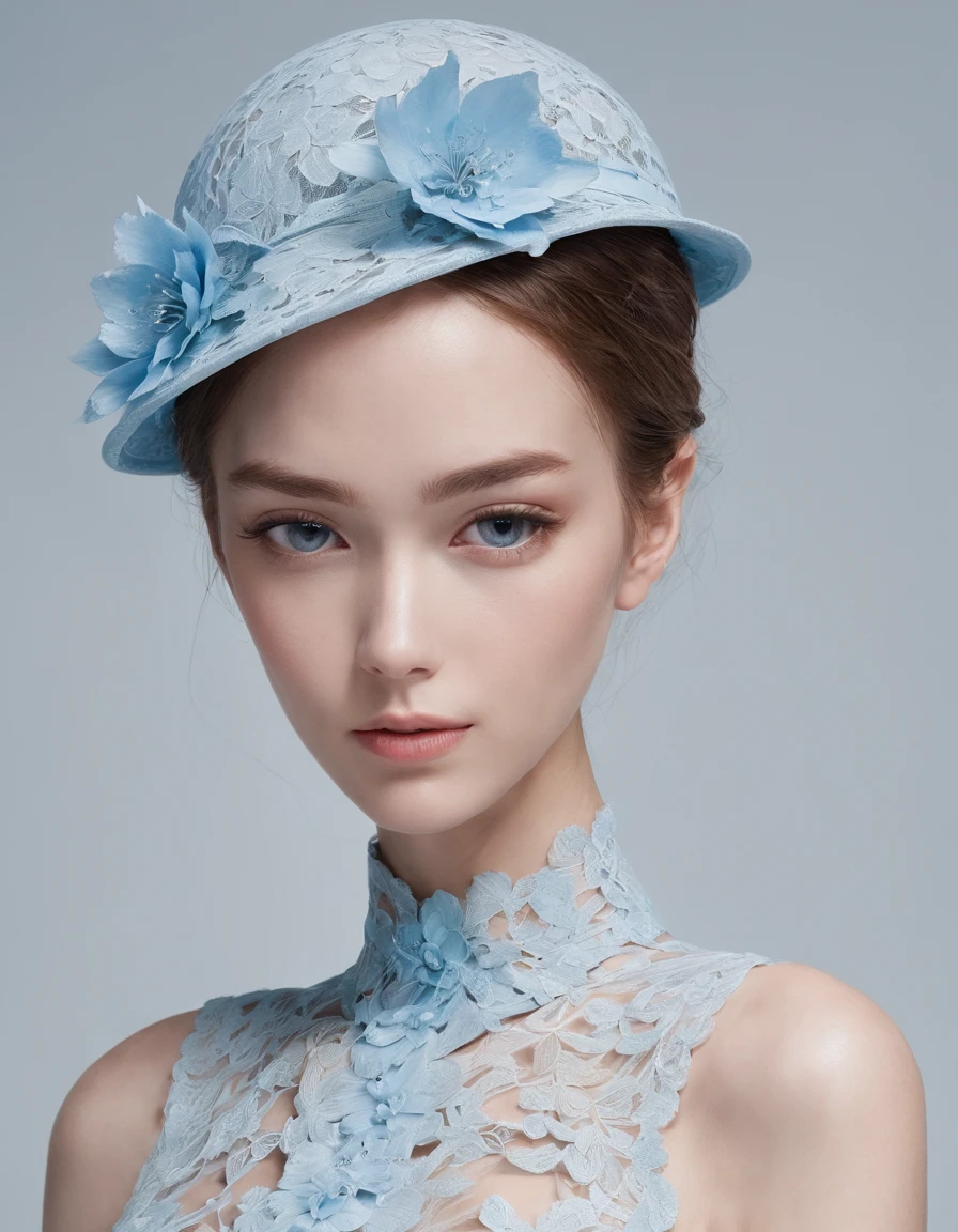 Pretty and very elegant girl wearing a talk cap decorated with sky blue lace flowers. Her entire face is covered with lace. She wears a loose-fitting sky blue lace cocktail dress that hangs over her shoulders. Her skin is very shiny. Her arms are folded. The background is beautiful black. The room is dimly lit.、She is gently illuminated.
Very shallow depth of field、the background is blurred. ((jewel))