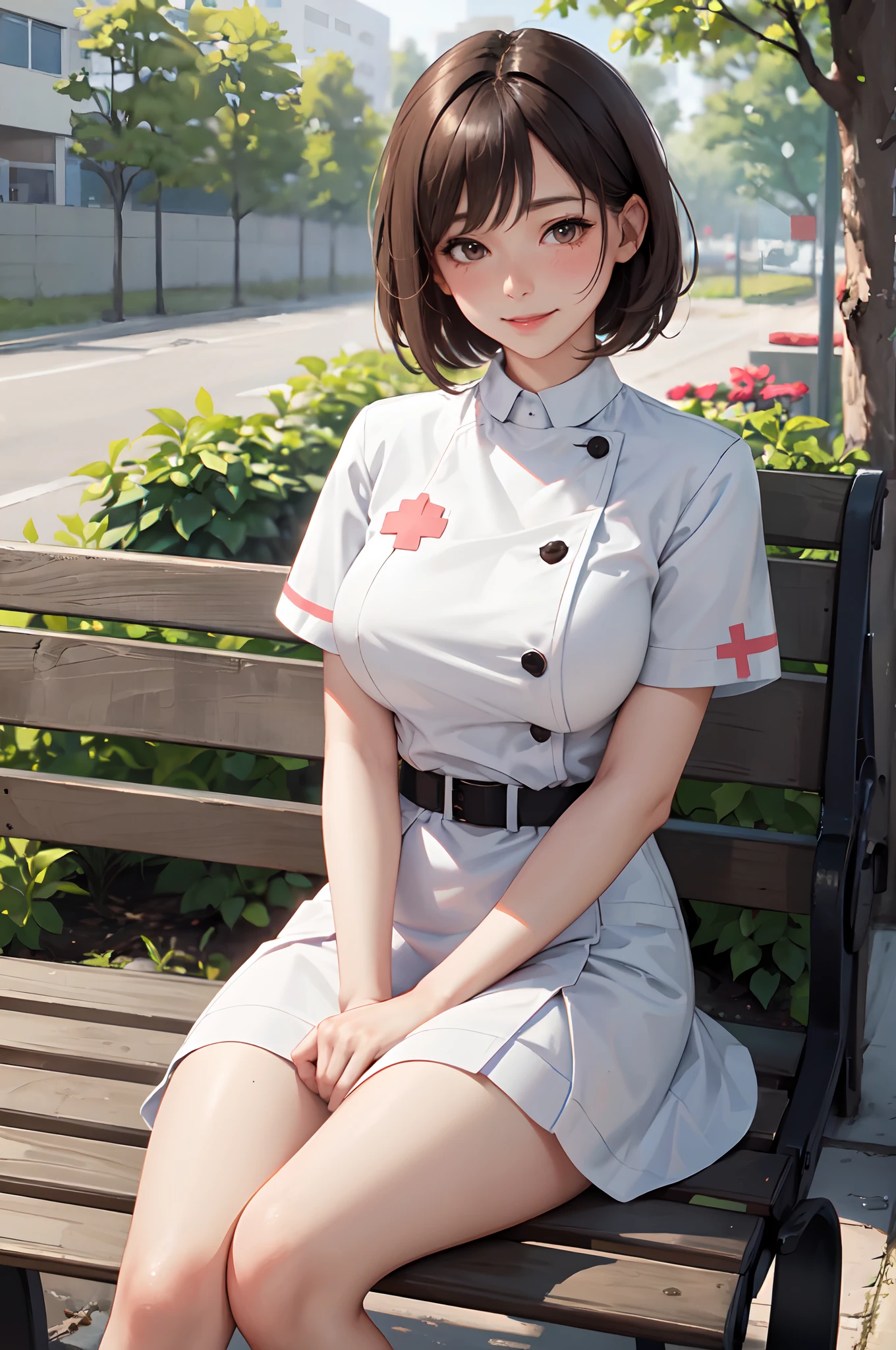 1lady solo nurse, sitting on bench, /(nurse uniform/), /(brown short hair/), blush kind smile, (masterpiece best quality:1.3) delicate illustration ultra-detailed , large breasts BREAK /(garden in front of hospital/)