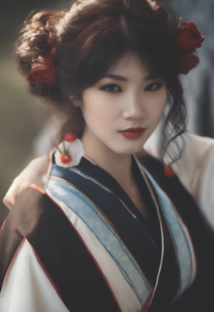A anime high school girl, wear sexy kimono, short kimono, bare arms, bare back, bare shoulder, walking, long hair, light blue hair, look at viewer, blue eyes,my upload photos face swap