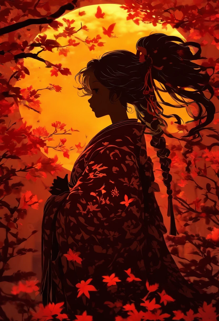(Silhouette art, incision:1.6) (((arte em papel cortado, A world where only black exists:1.3) (Ancient Chinese Hanfu), 1 girl, Solo, (Ancient Chinese long-haired girl, profile:1.2), White, Clear and beautiful face, The rabbit stands at the girl's feet, Behind the full moon broke (Colored leaves、amarelo Red:6.1) Textured glass background, atmospheric perspective, masterpiece, ccurate, anatomically correct, high details, best quality, award winning, 8k