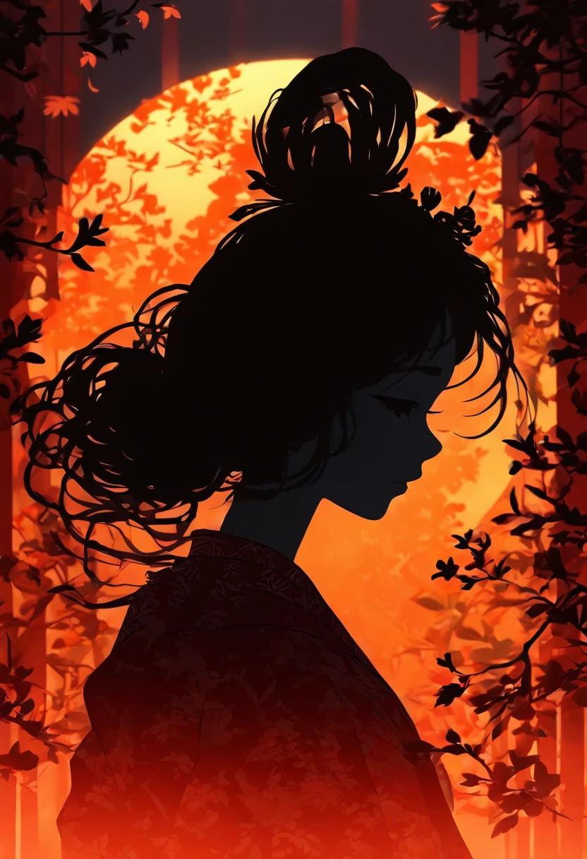 (Silhouette art, incision:1.6) (((arte em papel cortado, A world where only black exists:1.3) (Ancient Chinese Hanfu), 1 girl, Solo, (Ancient Chinese long-haired girl, profile:1.2), White, Clear and beautiful face, The rabbit stands at the girl's feet, Behind the full moon broke (Colored leaves、amarelo　Red:6.1) Textured glass background, atmospheric perspective, masterpiece, ccurate, anatomically correct, high details, best quality, award winning, 8k