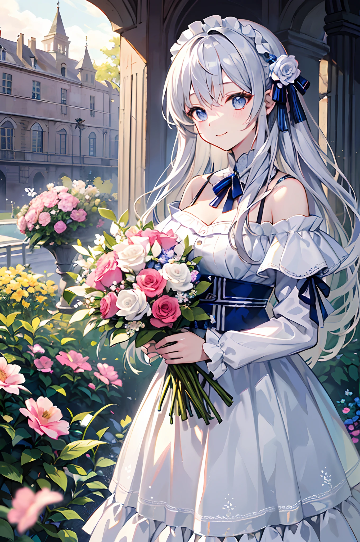 (tmasterpiece、top-quality、illustratio、Extremely high quality、high-level image quality、Extremely sensitive writing)Girl with long silver hair standing in beautiful flowery garden、A slight smile、She has a large bouquet、Cute national costume style dress，There are ruffles on the shoulders、Hair fluttering in the wind