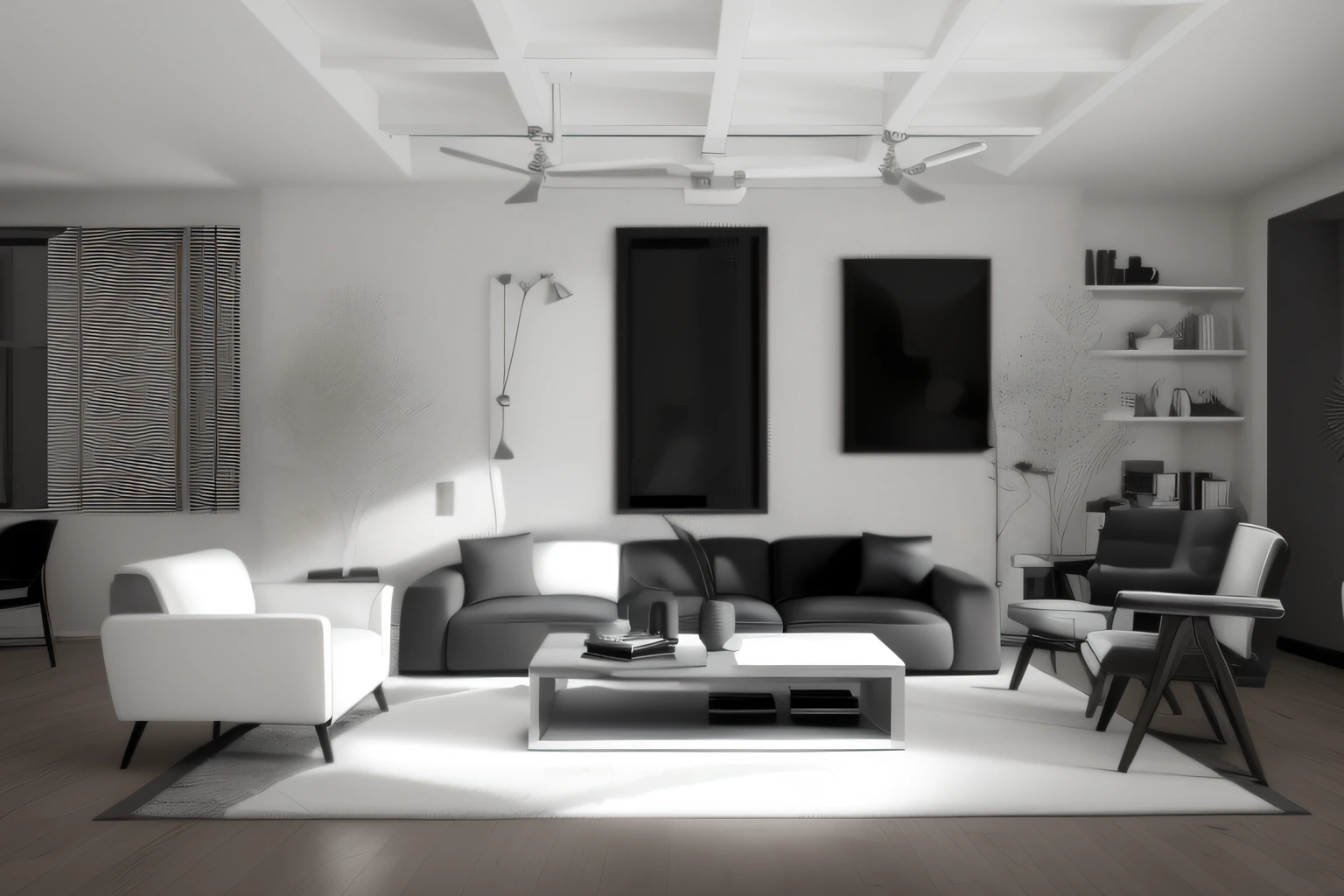 A living room in modern style, tone white and black