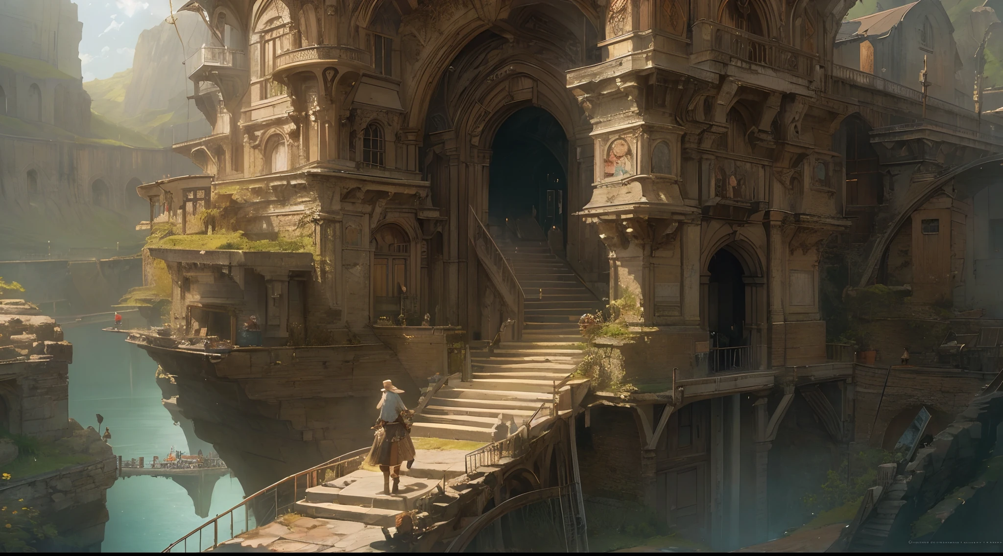 "(by Greg Rutkowski: 1.2), (masterpiece), ((best quality)), extremely delicate and beautiful, illustration, dynamic lighting, (fantasy landscape), A mesmerizing fantasy landscape with enchanting elements blending seamlessly. ((Henne Mines from final fantasy XII)), A sense of tranquility and wonder fills the air, inviting exploration and discovery. Providing a distant view that captures the grandeur and atmosphere. From Brian Froud and Carne Griffiths and Wadim Kashin and John William Waterhouse, 8K post-production, high resolution, ((highly detailed)), depth of field, HDR, intricate"