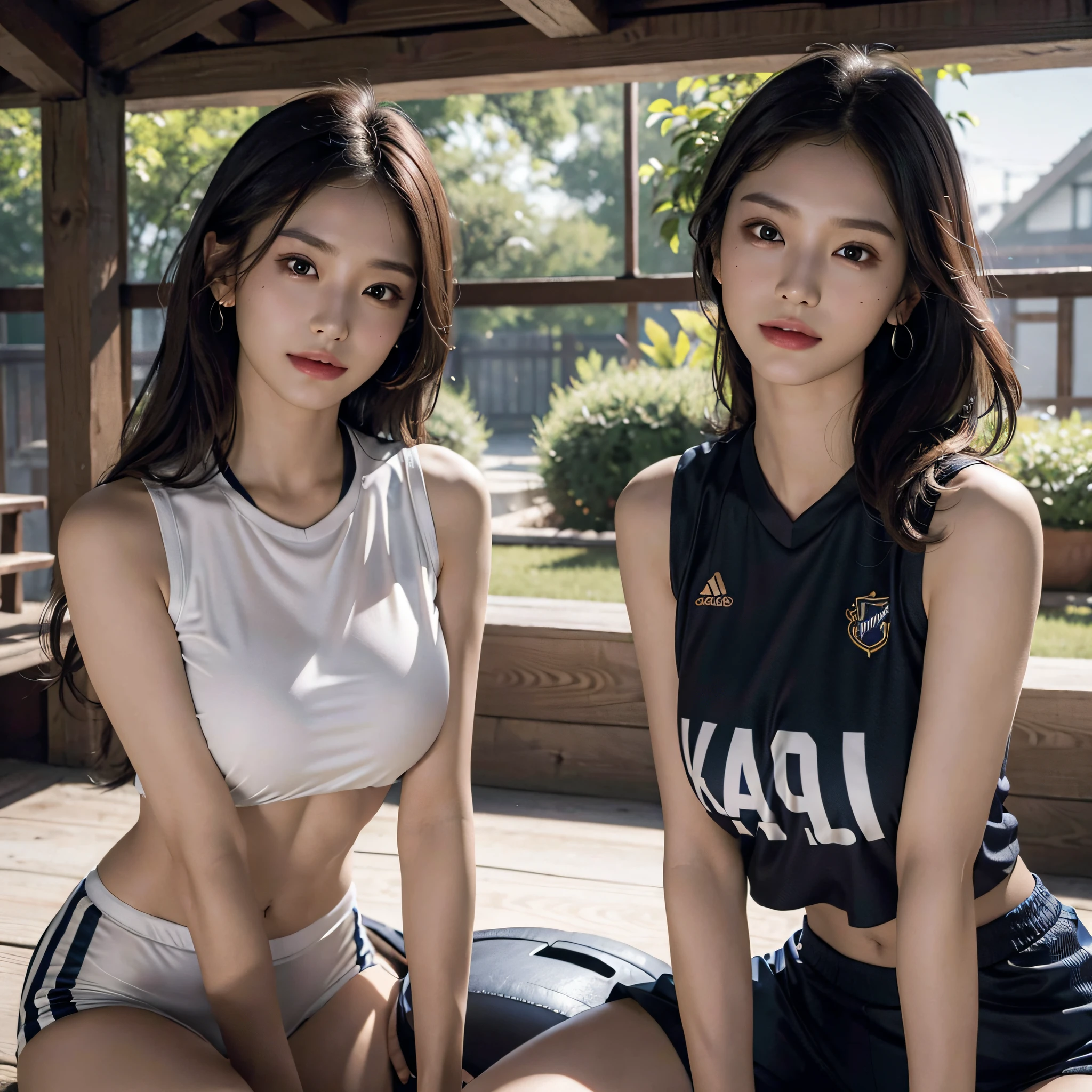 absurdres, RAW photo, extremely delicate and beautiful, masterpiece, Best Quality, ultra high resolution, 16k, hyperrealistic, ultra-detailed, Very detailed CG 8k wallpaper, Beautiful Lighting, Perfect Lightning, Realistic Shadows, perfect anatomy, super Detailed skin, perfect figure, Japanese woman, late 20s, very Slim body, narrow waist, very small head, handsome detailed woman, very detailed eyes and face, realistic face proportions, Stunning detailed eyes, Realistic beautiful face, very small face, Realistic small beautiful eyes, double eyelids, makeup, tearful mole, mole on chest, earring, bare legs, beautiful and very thin legs, beautiful and very thin thighs, (((very huge round breasts))), full body shot, short hair, wavy hair, volleyball uniform, midriff peek, sleeveless, yuri, 2 girls, in Volleyball Court,