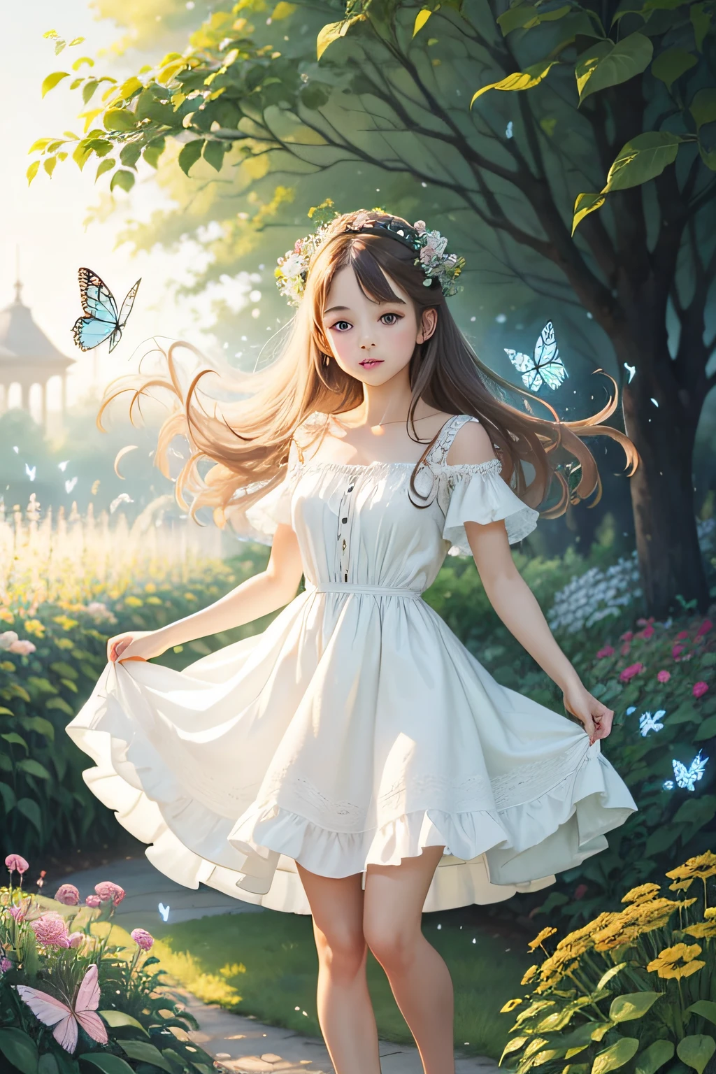 (Best Quality,hight resolution),Pattern,very small individual forest,transparent white background,Delicate colors,watercolor paiting、one girls、hiking、Full Body Angle