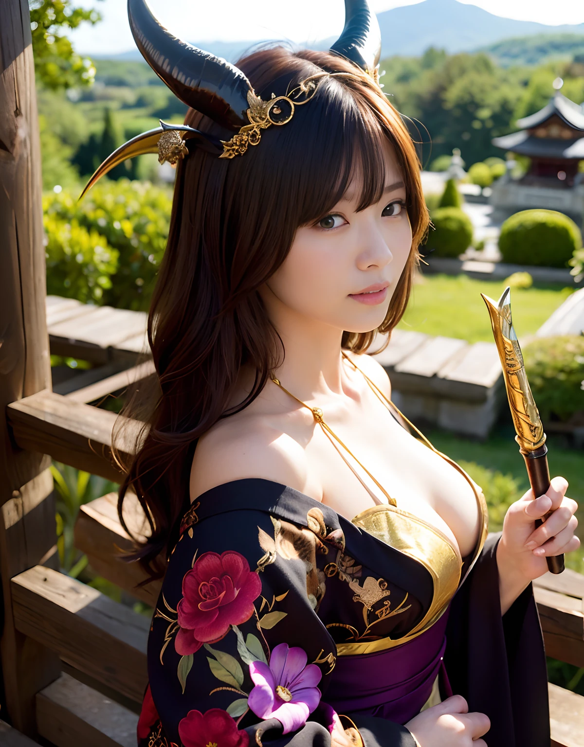 ((World of Darkness)),Professional , masterpiece、top-quality、photos realistic , depth of fields 、(sexypose)、(Black maple on the background of full bloom),(Ultimate Beauty)、A dark-haired、(shrine background)、(Kimono with beautiful pattern)、(Night background)、Beautiful hair ornament on the head、((Precipitous cliffs)),(Wear a beautiful kimono),(Wear a beautiful kimono with colorful floral patterns)、(Japan Castle Background)、Jewel Gold Weapon、Particles of light),(Wearing a wizard's hat)、Gorgeous gold weapons ,Castle background、(( Gorgeous Dragon Sword)) , (a dark night),,(maikurobikini) 、((Black Haired Beautiful Girl))、(Castle background)、(demonic wings)、((Gangle's forest background))、Beautiful Caucasian beauty、1a person、dynamic ungle,(((Two devil's horns on the head)))、Smaller head、Idle Smile、Thin and beautiful female hands、Mystical expression、Light Effects、intense fighting、Wind-effect、magic circles、With the legendary magic wand、Dragon's tail、