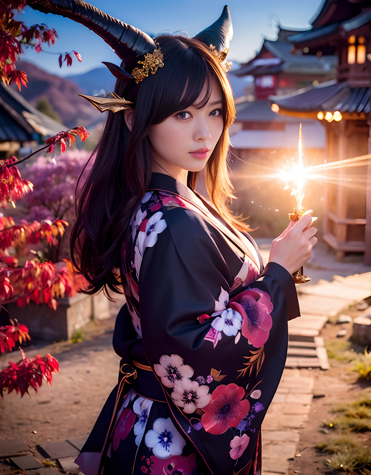 ((World of Darkness)),Professional , masterpiece、top-quality、photos realistic , depth of fields 、(sexypose)、(Black maple on the background of full bloom),(Ultimate Beauty)、A dark-haired、(shrine background)、(Kimono with beautiful pattern)、(Night background)、Beautiful hair ornament on the head、((Precipitous cliffs)),(Wear a beautiful kimono),(Wear a beautiful kimono with colorful floral patterns)、(Japan Castle Background)、Jewel Gold Weapon、Particles of light),(Wearing a wizard's hat)、Gorgeous gold weapons ,Castle background、(( Gorgeous Dragon Sword)) , (a dark night),,(maikurobikini) 、((Black Haired Beautiful Girl))、(Castle background)、(demonic wings)、((Gangle's forest background))、Beautiful Caucasian beauty、1a person、dynamic ungle,(((Two devil's horns on the head)))、Smaller head、Idle Smile、Thin and beautiful female hands、Mystical expression、Light Effects、intense fighting、Wind-effect、magic circles、With the legendary magic wand、Dragon's tail、