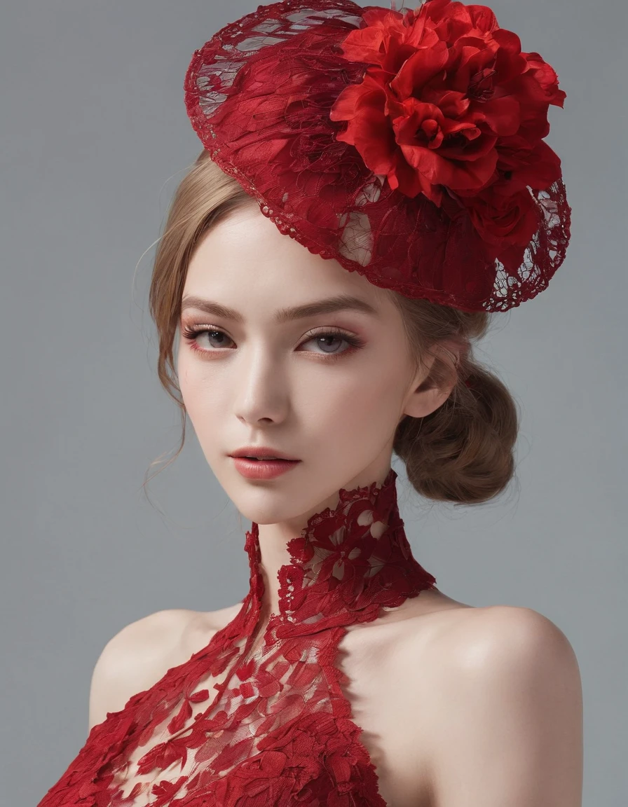 Pretty and very elegant girl wearing a talk cap decorated with red lace flowers. Her entire face is covered with lace. She wears a loose-fitting red lace cocktail dress that hangs over her shoulders. Her skin is very shiny. Her arms are folded. The background is beautiful black. The room is dimly lit.、She is gently illuminated.
Very shallow depth of field、the background is blurred. ((jewel))