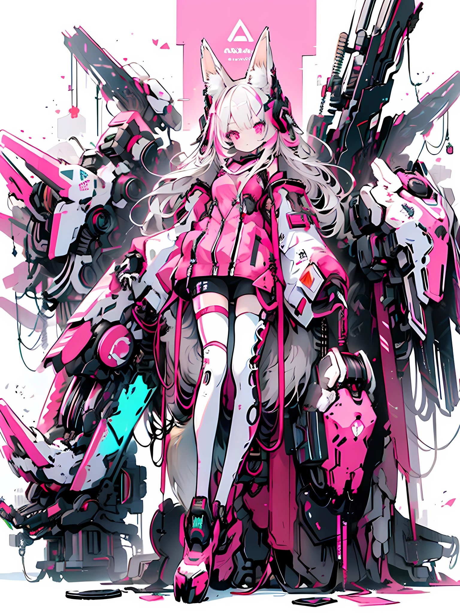 best quality,masterpiece,illustration,1girl,solo,full body,Fox ears,Mecha,machine,Bushy tail,Blank background,Mechanical leg,(Fluorescent color:1.5),(Laser violet:1.1),Fox fire,Fluorescent pink,