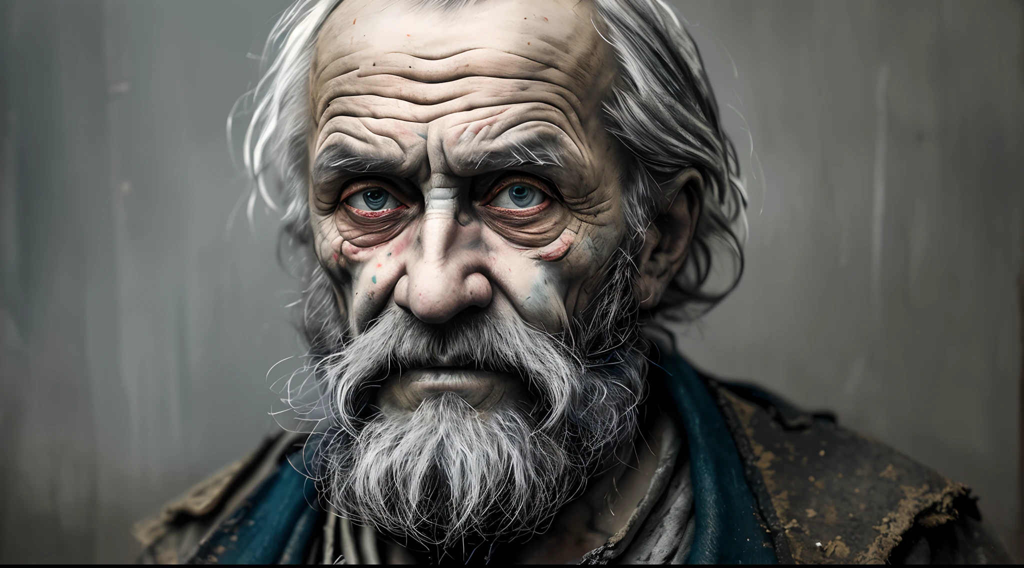 A portrait of poor russian 1800 old worker in rags, ((overwhelming fatigue )), wrinkles of age, concept art, oil pastel painting , moody gray colors , gritty, messy stylestyle of Alexey Savrasov, Ivan Shishkin, Ilya Repin, (cel shaded:1.2), 2d, (oil painting:1.2) highly detailed