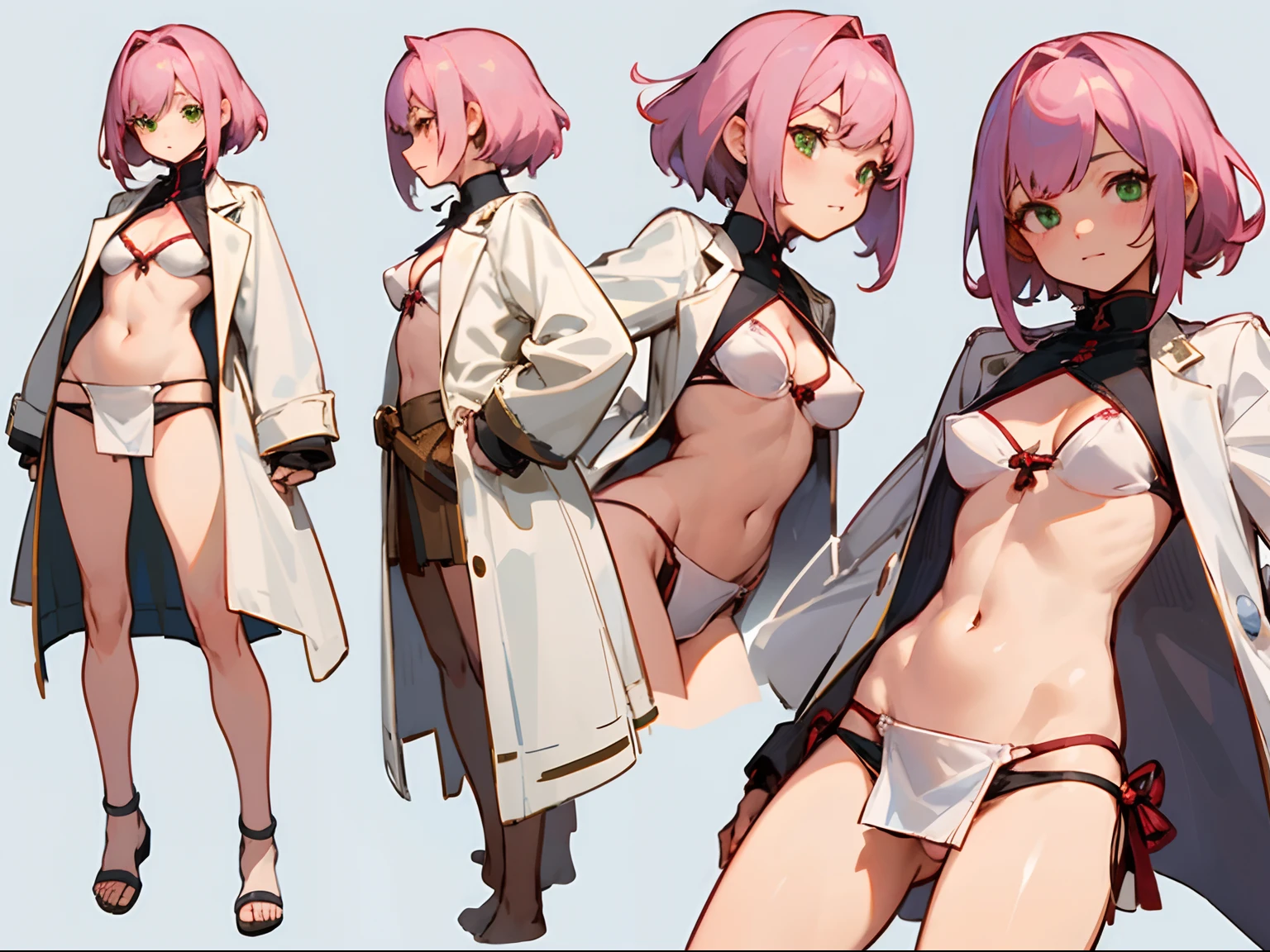 NSFW,masterpiece,top-quality,((character sheets,Same character,gauges,Lateral face,soles)),environment change scene,Pose too,Hairstyle Fax,Pose Jitai,Chartaran Betarola,(simple background、white backgrounid:1.3),illustratio,One Woman,petite girl in,underboob,Pink ash hair,Sidetail hairstyle,Green eyes,Shy,Red face,Navel Ejection、White coat,cleavage cutout,Sheer thin mini skirt,White loincloth,thong,multi view