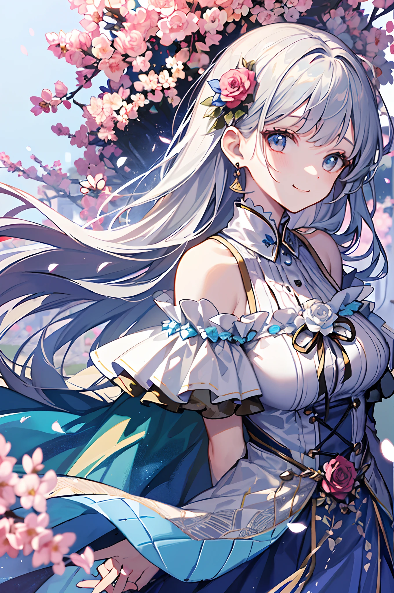 (A masterpice、of the best quality、illutst、Extremely high quality、high picture quality、Extremely sensitive writing)Girl with long silver hair standing in beautiful flowery garden、smile on face、She has a large bouquet、Cute national costume style dress with ruffles on the shoulders、Hair fluttering in the wind