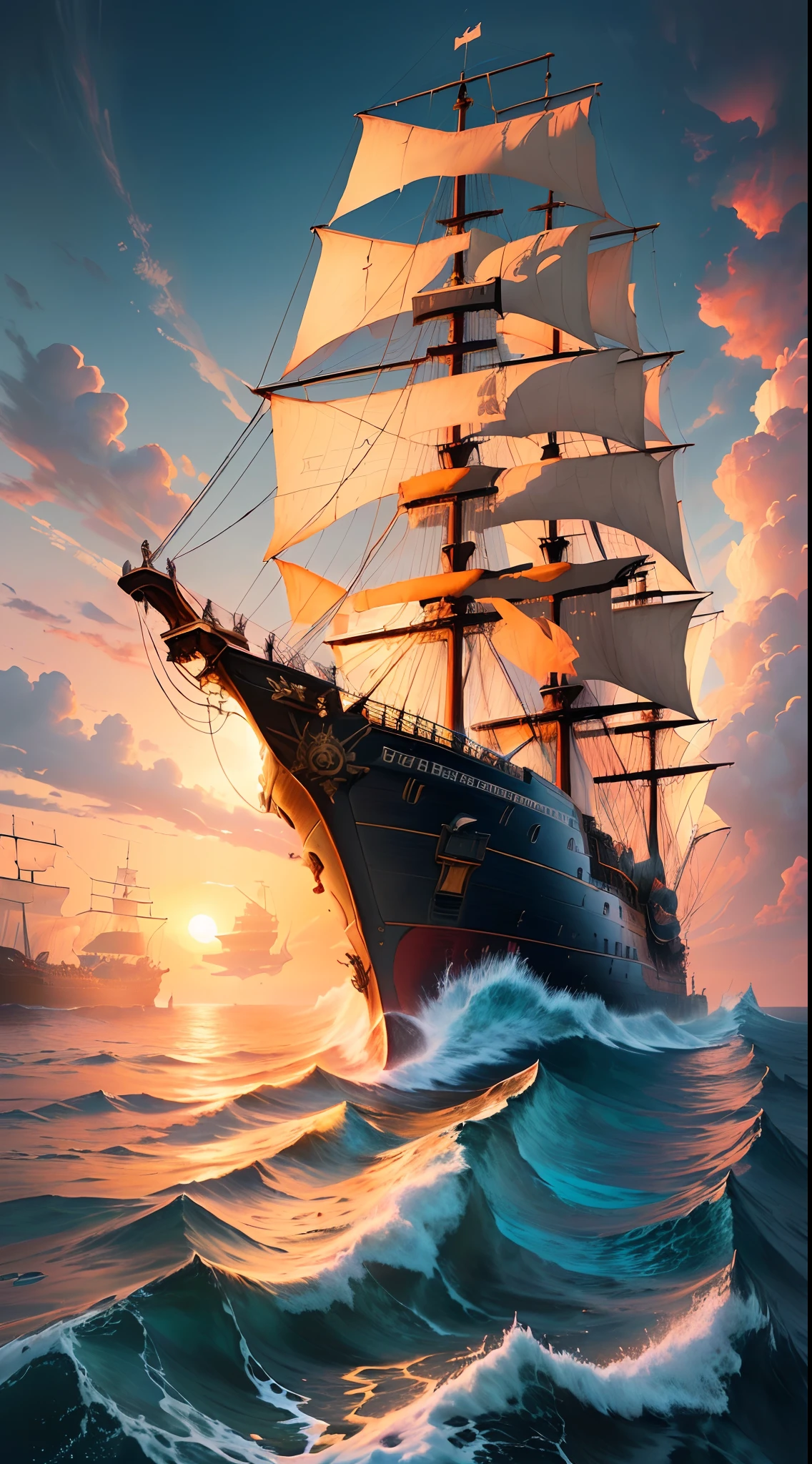 painting of a ship in the ocean with a sunset in the background, detailed cover artwork, amazing wallpaper, pirate ship, old pirate ship, gothic ship on ocean, 4k highly detailed digital art, burning ships, inspired by gaston bussiere, by Roman Bezpalkiv, detailed painting 4 k, by Arthur Pan, by Aleksander Gine