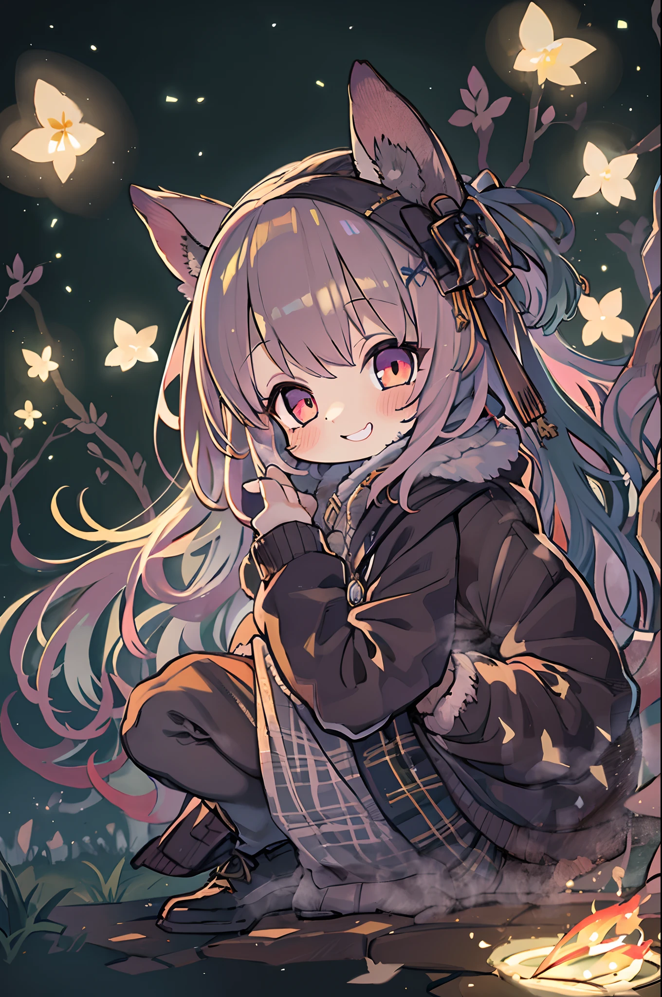 masutepiece, Best Quality, 1 girl, Solo, effect, Dark background, With a happy face,Chibi、camp、Before the bonfire、beneath the stars