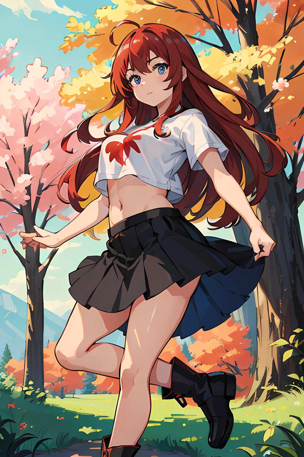 (best quality, masterpiece), official art, illustration, ligne claire, highres, absurdres, ultra-detailed, 8k, cel shading, 1girl, long red hair, forest, sakura, leafs, tree, white t-shirt, cutout above navel, black skirt, black belt, boots, high res, ultrasharp, 8K, masterpiece,1 girl, full body, (a beautiful young woman: 1.1), beautiful detailed eyes, (looking at the viewer), vibrant, clothing, posing, colorful, dynamic, background, elements, confident, expression, majestic, cover, eye-catching, anime coloring, (anime screencap:1.2), fantasy setting