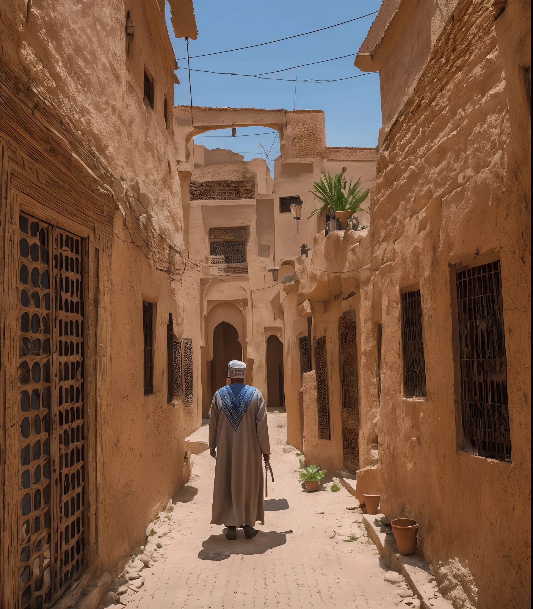 a moroccan old man walking, wearing a traditional Moroccan djellaba, view from behind, traditional Moroccan street, intricate --auto --s2