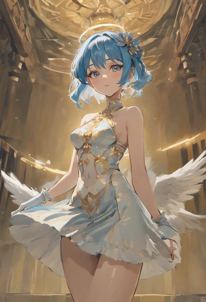 hightquality, Pure Beautiful Girl, Dark Blue Medium Bob Hair, Starry Yellow Eyes, Moderately large breasts, Crystal clear white skin, Light Blue Eyeshadow, Peach-colored lips, adventurer, white frilly blouse, Black miniskirt, knee high socks, Absolute area, a black choker,Magic wand with large light blue feathers, The background is a village