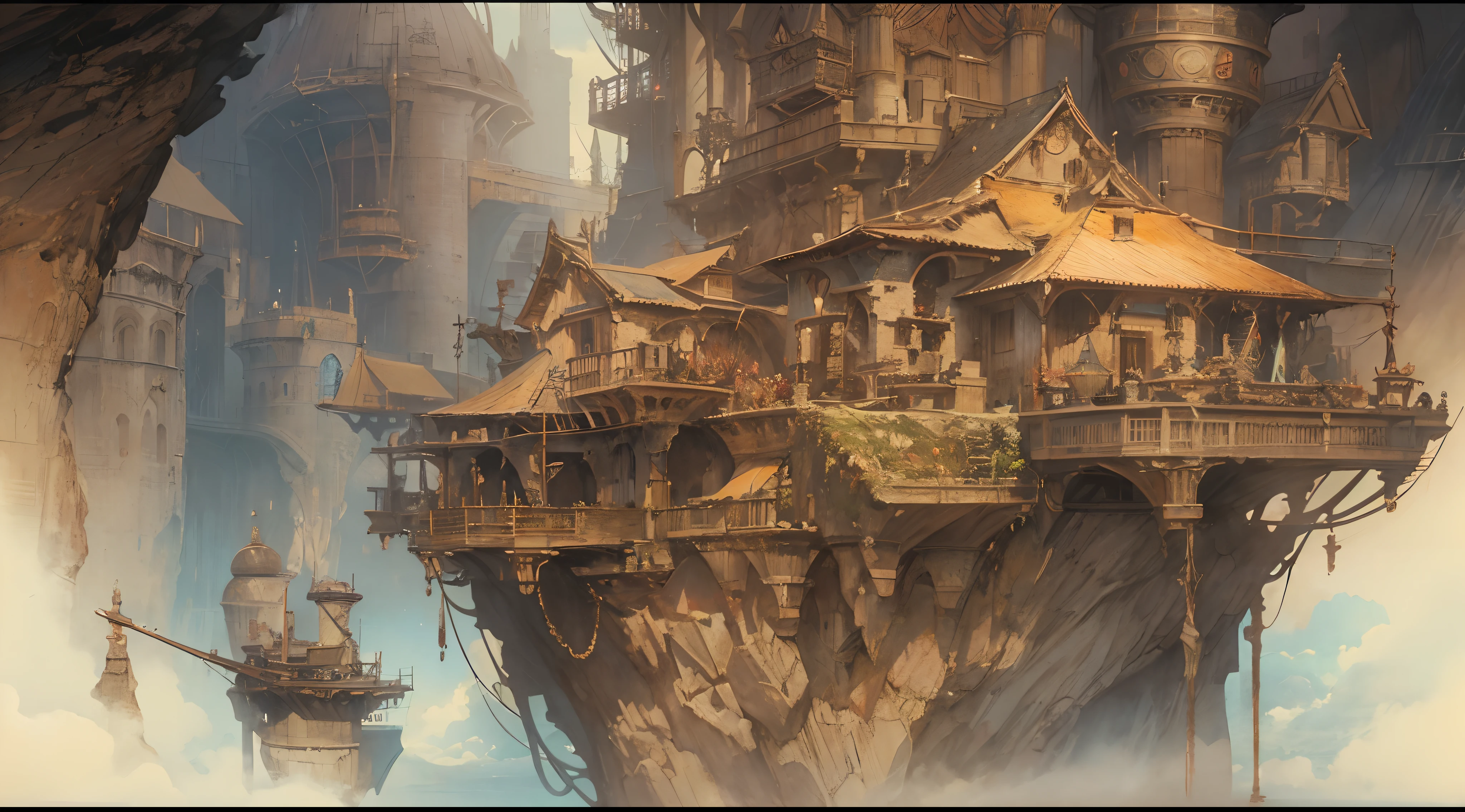 "(by Greg Rutkowski: 1.2), (masterpiece), ((best quality)), extremely delicate and beautiful, illustration, dynamic lighting, (fantasy landscape), A mesmerizing fantasy landscape with enchanting elements blending seamlessly. ((Henne Mines from final fantasy XII)), A sense of tranquility and wonder fills the air, inviting exploration and discovery. Providing a distant view that captures the grandeur and atmosphere. From Brian Froud and Carne Griffiths and Wadim Kashin and John William Waterhouse, 8K post-production, high resolution, ((highly detailed)), depth of field, HDR, intricate"