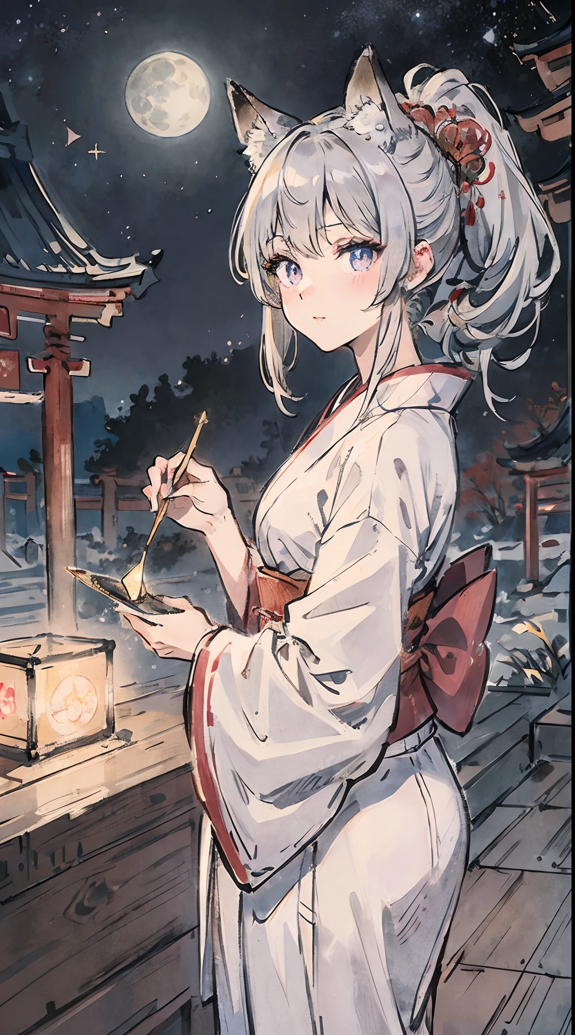 ((masutepiece)), ((Best Quality)), (Ultra-detailed), ((Extremely detailed)), 4K, (8K), Best Quality, (Beautiful), monochromes, grayscales, Traditional Japan ink painting style, Night, Moon, Starry sky, autumnal, torii gate、shrines、Pretty women, Solo, Kimono appearance, Beautiful silver hair, beautiful gold eyes, ((beautidful eyes)), Ponytail, Silvery fox ears, lightsmile, is standing