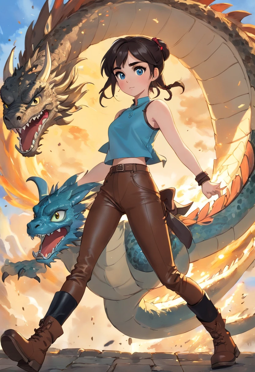 1girl, lily collins, ((freckles)), tan, full body focus, crop top, black leather leggings, Brown boots, light blue eyes, black hair, big ponytail, fighting a dragon