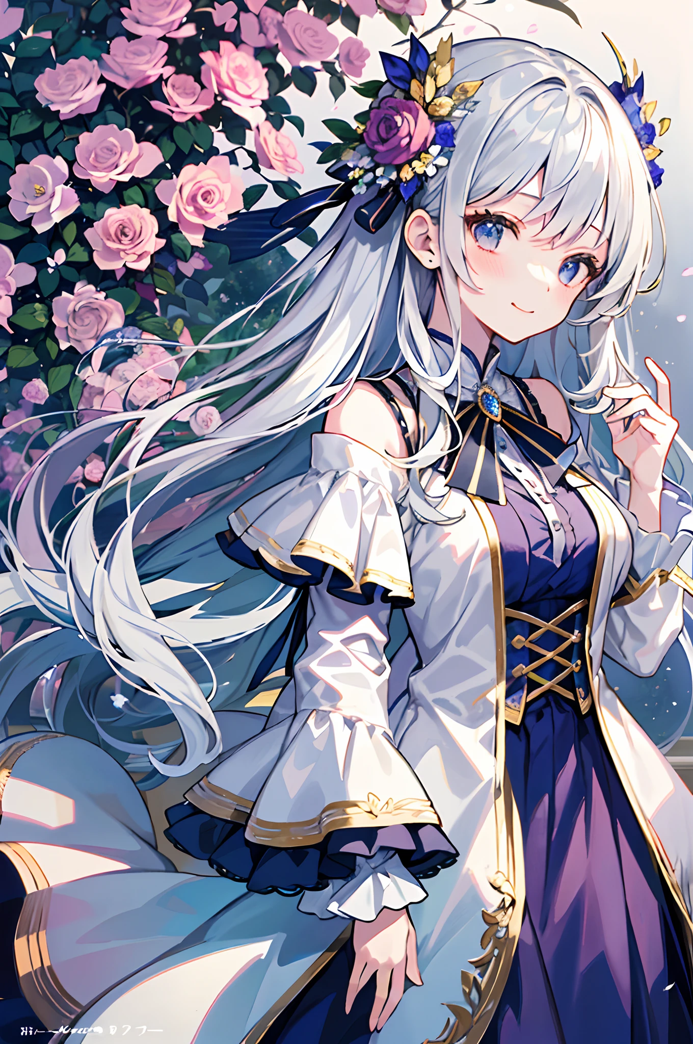 (thin blonde hair:1.2),(long hair:1.3),(hair with volume:1.25),(big ribbon:1.3),(brown eyes:1.4),(Eye size:1.5),(sphere accessories:1.3),((feminine fashion:1.4)),(Background full of blooming flowers:1.5),(blush),(upward glance:1.3),(small breasts:1.4),((focus on face:1.5)),((look up:1.25)),(fashion color White、darkBlue、purple、pink:1.3),(smile:1.2),((Hug your breasts:1.5))