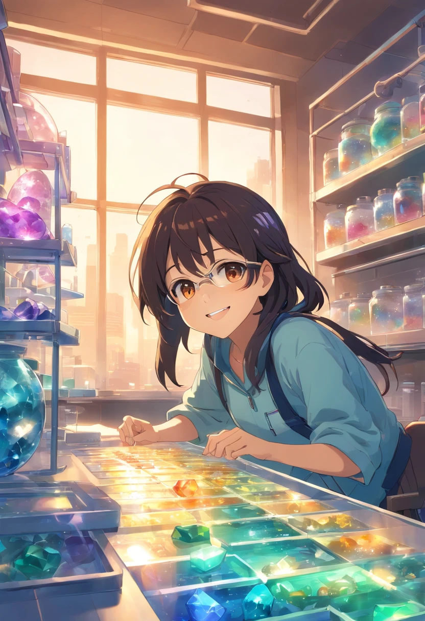 a smile girl black long hair,brown eyes and goggles is looking at gemstone, embedded gemstones, eye-catching, colorful mold, looks cool, doing experiments in her science lab, working in her science lab, product introduction photos, carvings, colorful slime, made of colorful crystals, advertising photos, crafts, having fun, process art, long picture, 9:16 Preparing Waiting to start