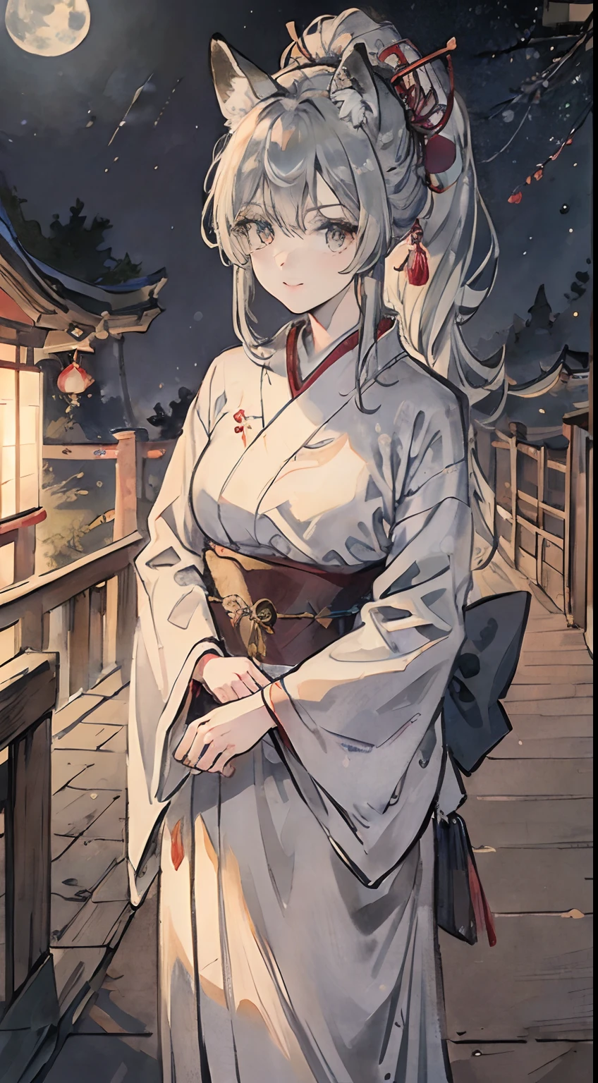 ((masutepiece)), ((Best Quality)), (ultra-detailliert), ((Extremely detailed)), 4K, (8K), Best Quality, (Beautiful),  grayscales, Traditional Japan ink painting style:1.5, Night, Moon, Starry sky, autumnal, torii gate、shrines、Pretty women, Solo, Kimono appearance, Beautiful silver hair, beautiful gold eyes, ((beautidful eyes)), Long ponytail, (Silvery fox ears), lightsmile, is standing