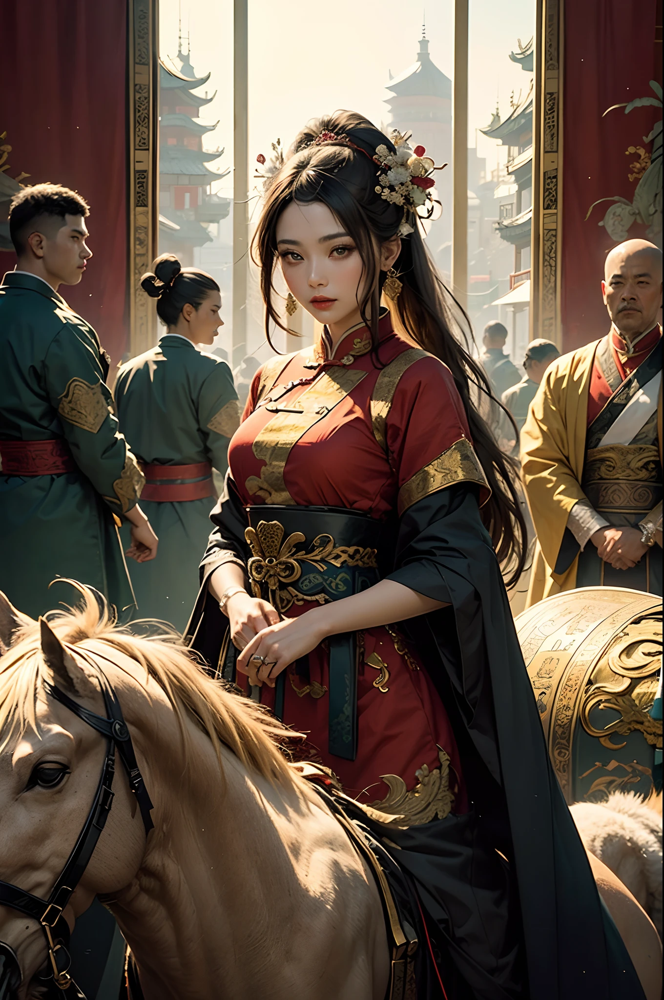 ((Masterpiece:1.2),highest quality:1.1),(dynamic angle:1.2,dynamicposes:1.2,softlighting:1.1),Court beauties dressed in robes,Red pattern with atmosphere,Cold and noble,The golden yellow pattern sparkles,The hair was tied up like a palace maid,Black hair,Insert the blonde hairpin,Set against the backdrop of the court of the Tang Dynasty in ancient China,Show the splendor and beauty of the Tang Dynasty。Royal style,Bright red lips,Sharp eyes。only one person (the girl)and no other people present