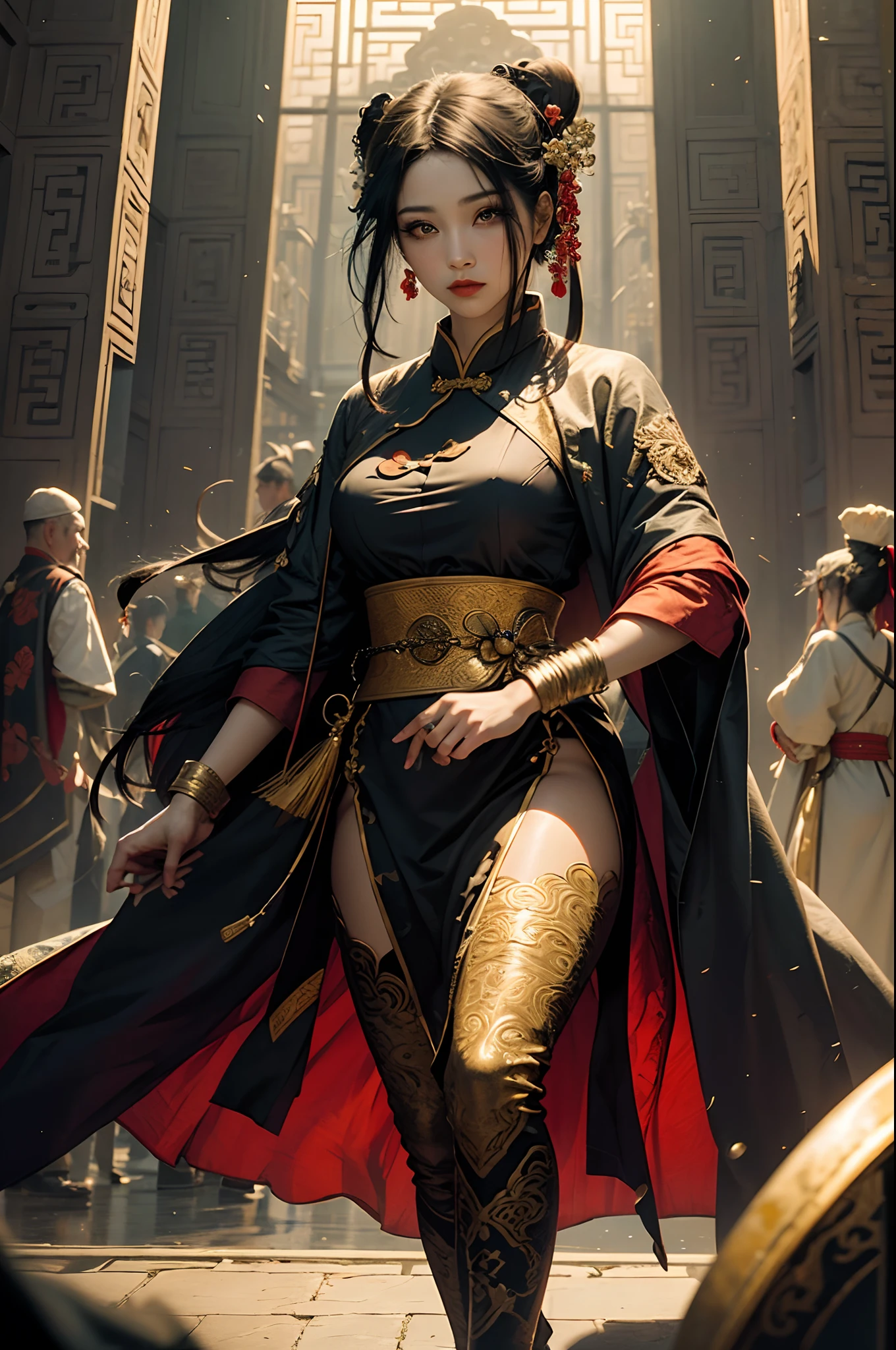 ((Masterpiece:1.2),highest  quality:1.1),(dynamic angle:1.2,dynamicposes:1.2,softlighting:1.1)，Court beauties dressed in robes，Red pattern with atmosphere，Cold and noble，The golden yellow pattern sparkles，The hair was tied up like a palace maid，Black hair，Insert the blonde hairpin，Set against the backdrop of the court of the Tang Dynasty in ancient China，Show the splendor and beauty of the Tang Dynasty。Royal style，Bright red lips，Sharp eyes。only one person （the girl）and no other people present