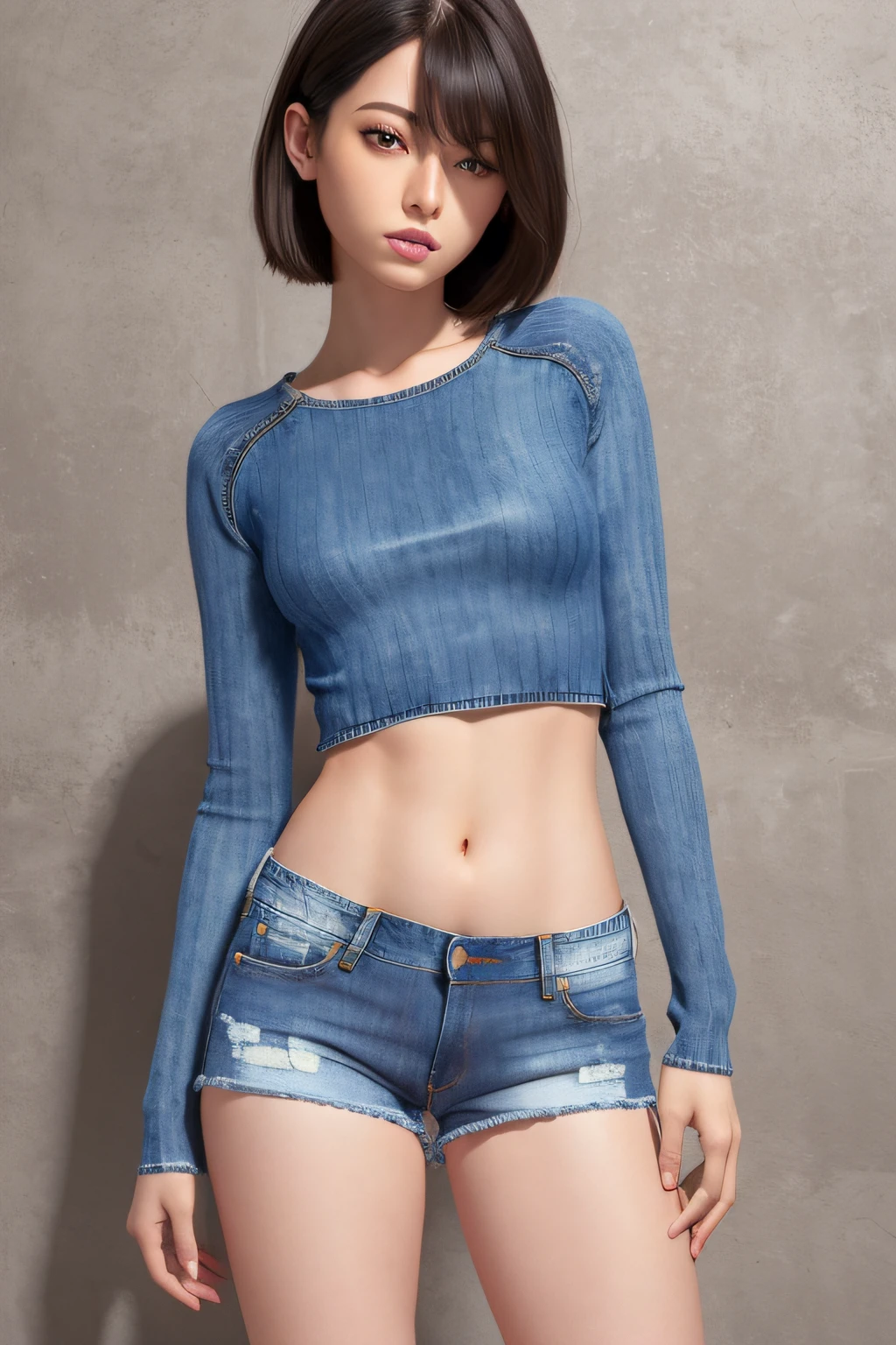 (masuter piece:1.3)、(8K、Photorealsitic、Raw photography、top-quality: 1.4)、(1girl in)、beautiful countenance、(Lifelike face)、(A dark-haired、short-hair:1.3)、
Beautiful hairstyle、realisticeyes、Beautiful details、（real looking skin）、Beautiful skins、absurderes、enticing、超A high resolution、A hyper-realistic、high-detail、the golden ratio、
((wide open abdomen))、((open abdomen))、((wide open navel))、((open navel))、((Mid-Riff Sweater))、((Ultra-low rise、Denim shorts))、
((Navel Ejection))、((small hips))、((long limbs))、((Full body depiction))、((small  hip))、(Ultra-low rise))、((Denim shorts))、((is standing))、