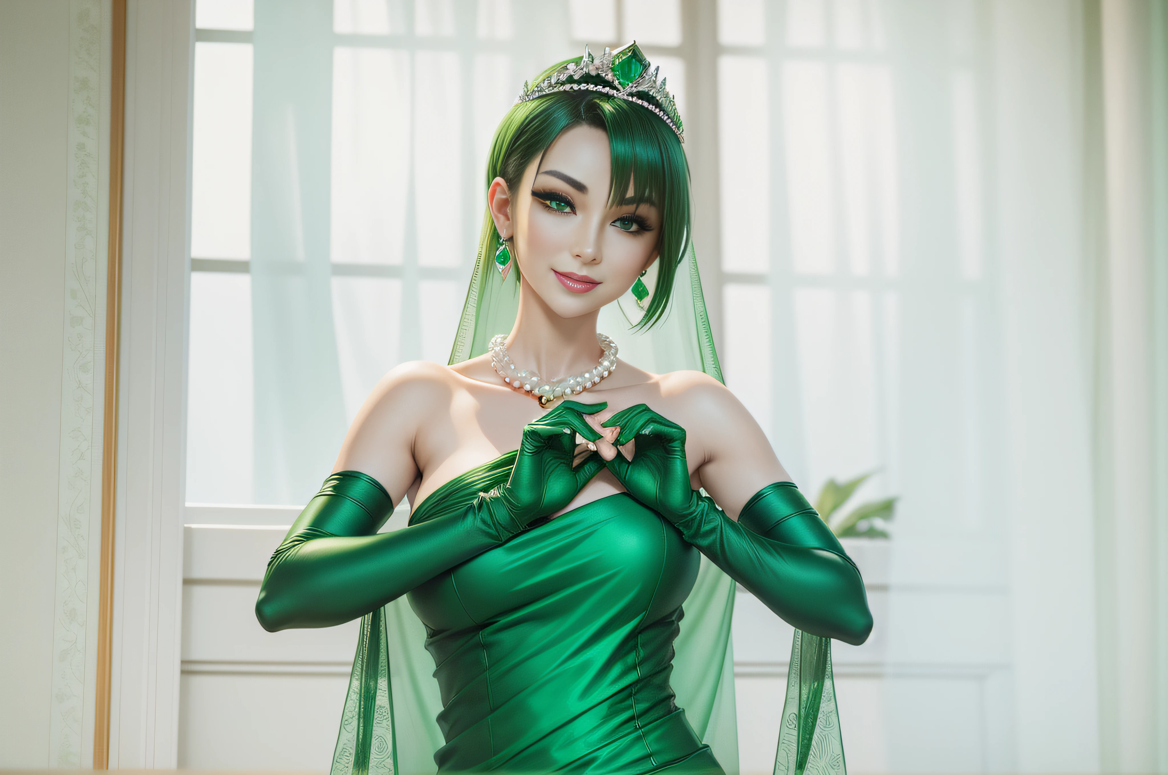 studio lights、depth of fields、The upper part of the body、A slender、cute face、A smile、Beautiful detail eyes、Green Dress Flower Cleanser,Sense of atmosphere, best qualtiy,tmasterpiece,1girll,30-years old,Green dress,Daytime Church,full body Esbian, Green gloves, With short green hair,big breasts beautiful,looking at viewert,ssmile,Green Bridal Veil,Green Long Grove,Satin green long gloves, lipsticks, Pearl Necklace、Green gloves, emerald tiara, A Japanese Lady