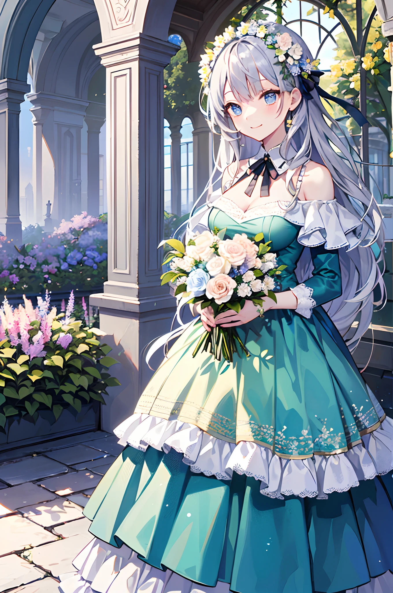 (tmasterpiece、top-quality、illustratio、Extremely high quality、high-level image quality、Extremely sensitive writing)Girl with long silver hair standing in beautiful flowery garden、A slight smile、She has a large bouquet、Cute national costume style dress,There are ruffles on the shoulders、Hair fluttering in the wind