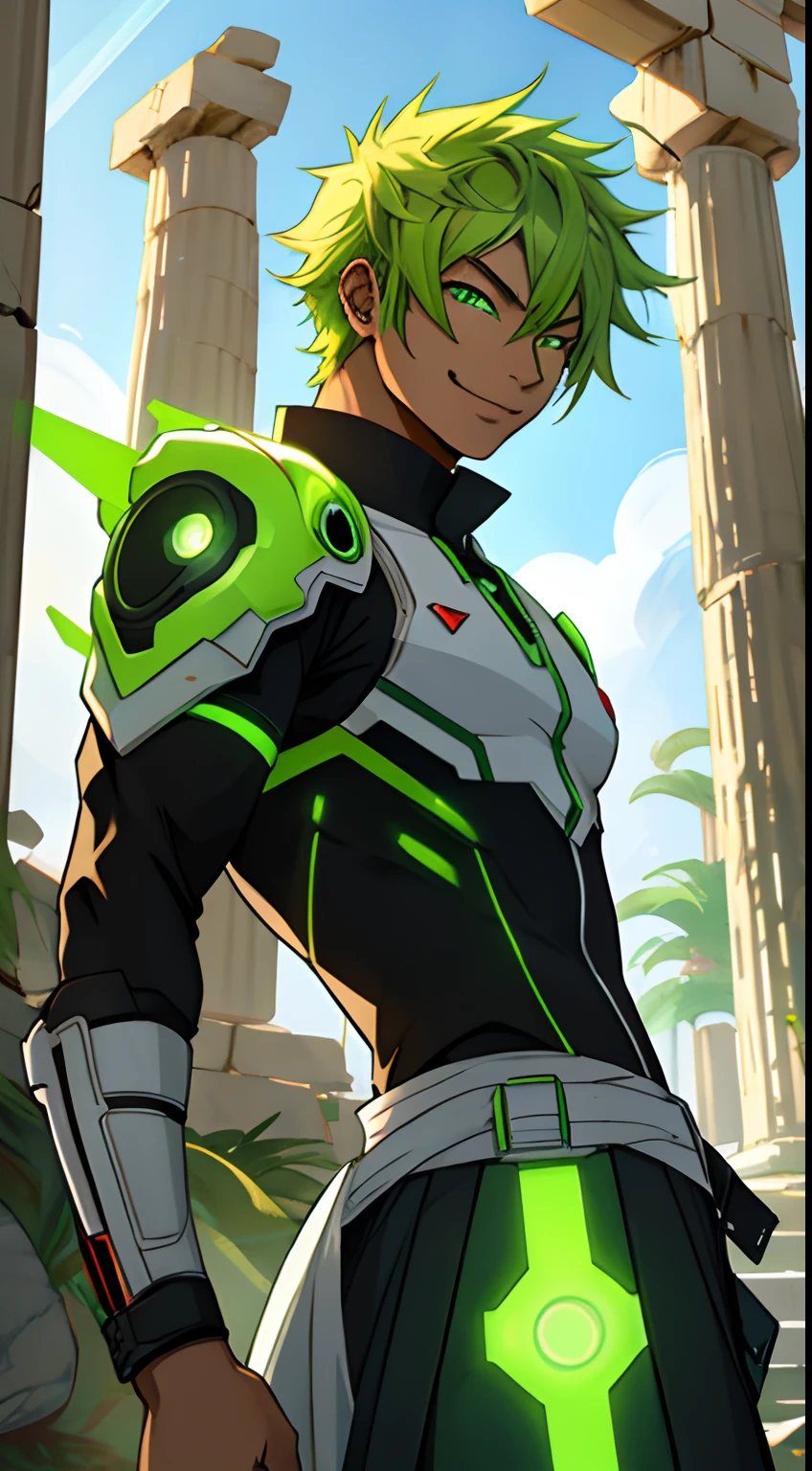 Blasian man, lime green hair, smirk, futuristic outfit, soft face, ethereal, anime style, Greek temple ruins background, fierce look, glowing green eyes